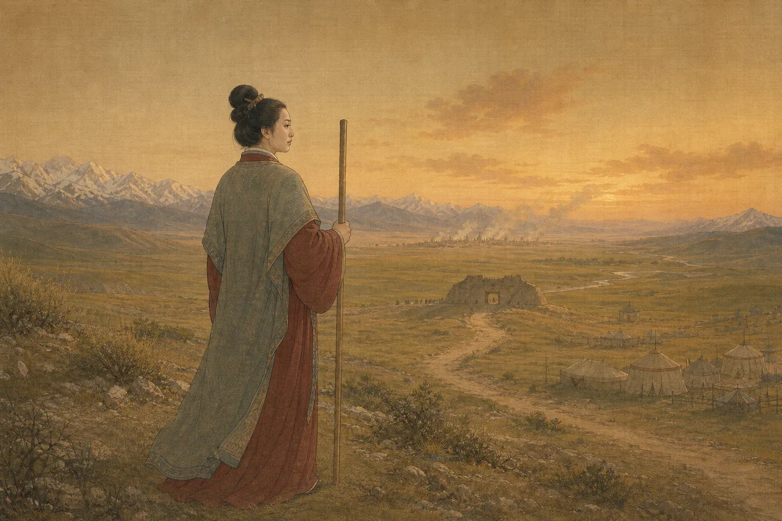 冯嫽携代表性器物立于本篇核心地貌，远景串联其经历的重要道路、城关与战场。