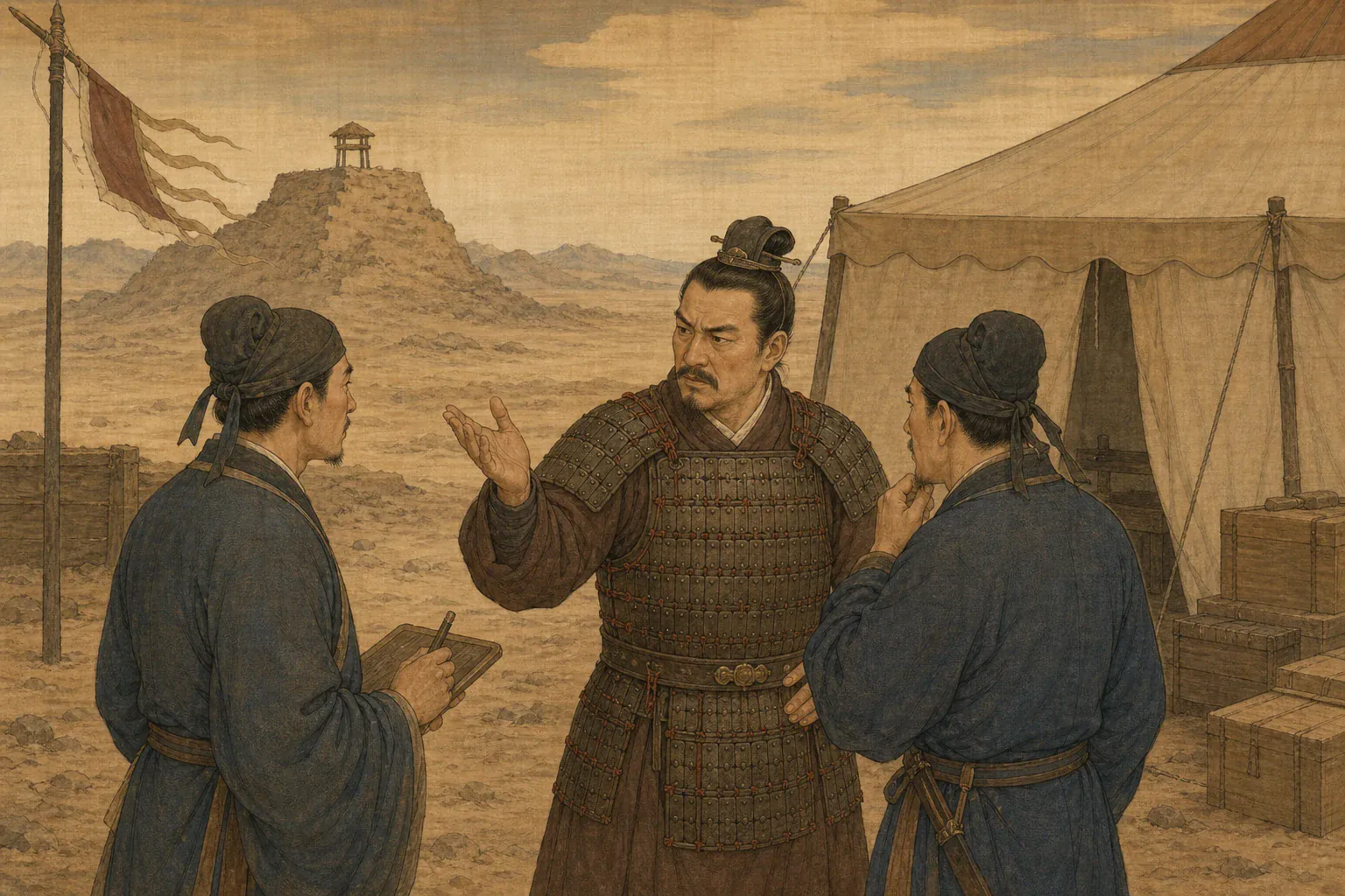 赵奂与军吏站在敦煌军帐外，质疑一名女子能否阻止大军出塞。
