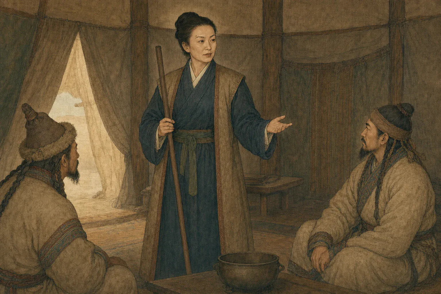 中年冯嫽穿汉式深衣立于乌孙王庭，风霜面容显出多年西域生活痕迹。