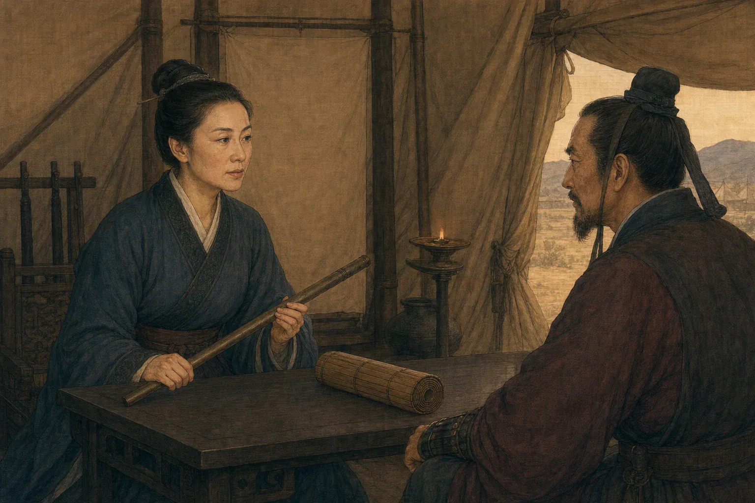 冯嫽在大帐中直视辛武贤，平静说明自己掌握乌就屠的畏惧。