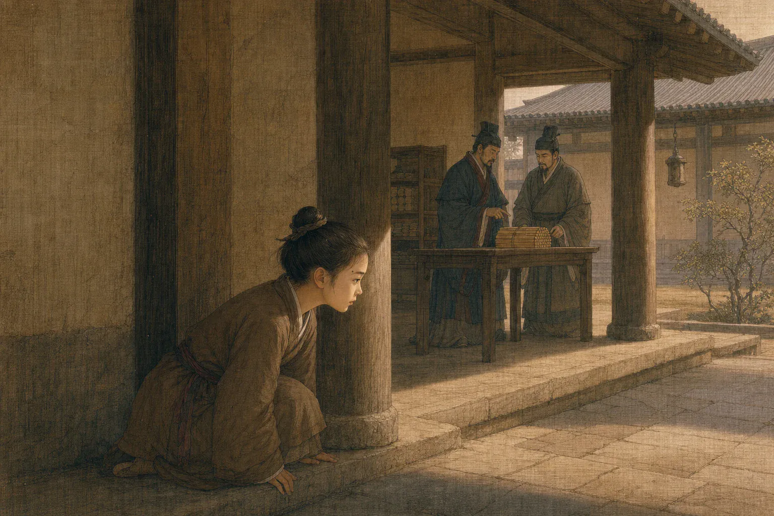 幼年冯嫽蹲在长安官署廊下，观察官吏目光落在同僚公文上。