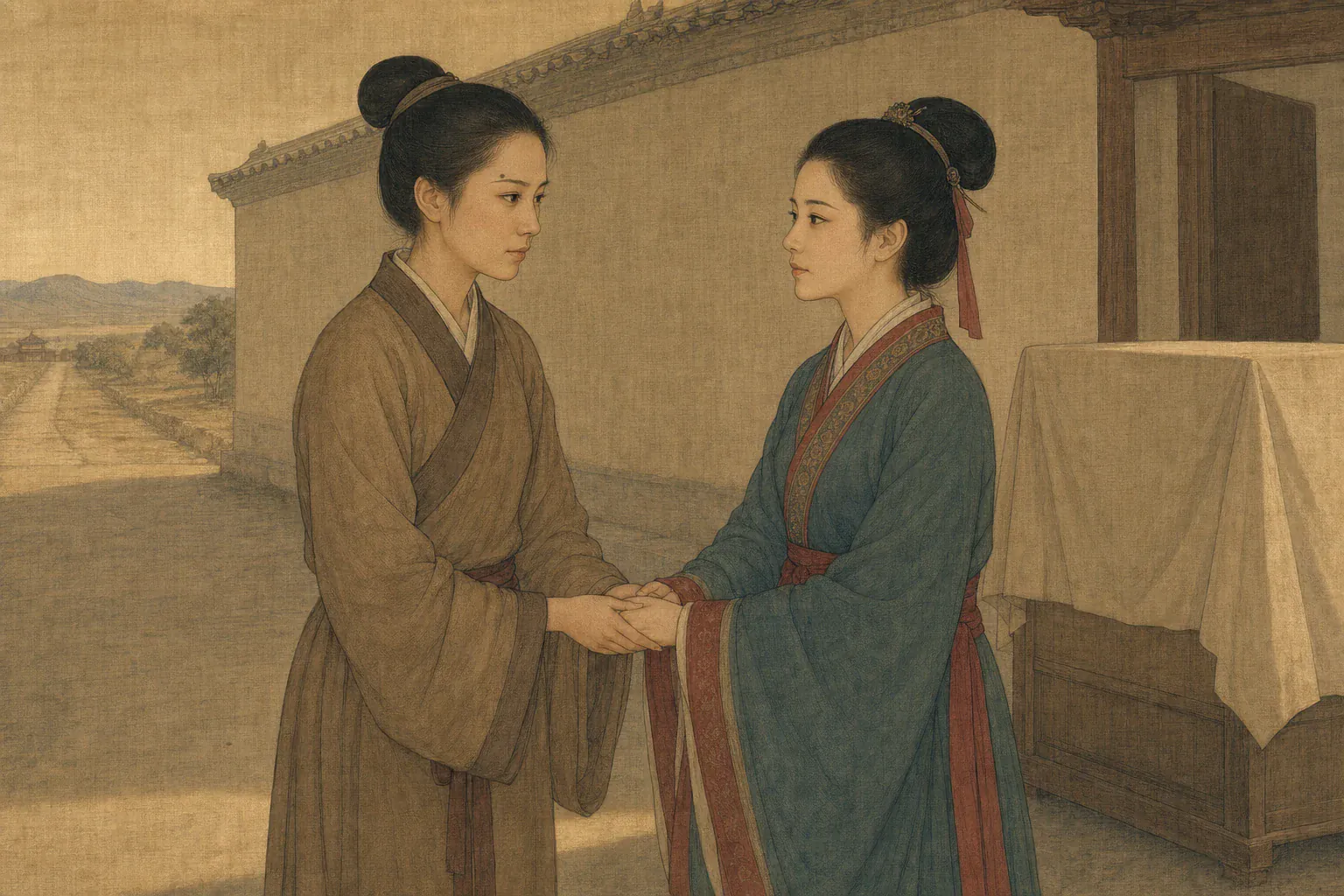 冯嫽握住解忧公主的手，面对前往乌孙的决定既不舍又坚定。
