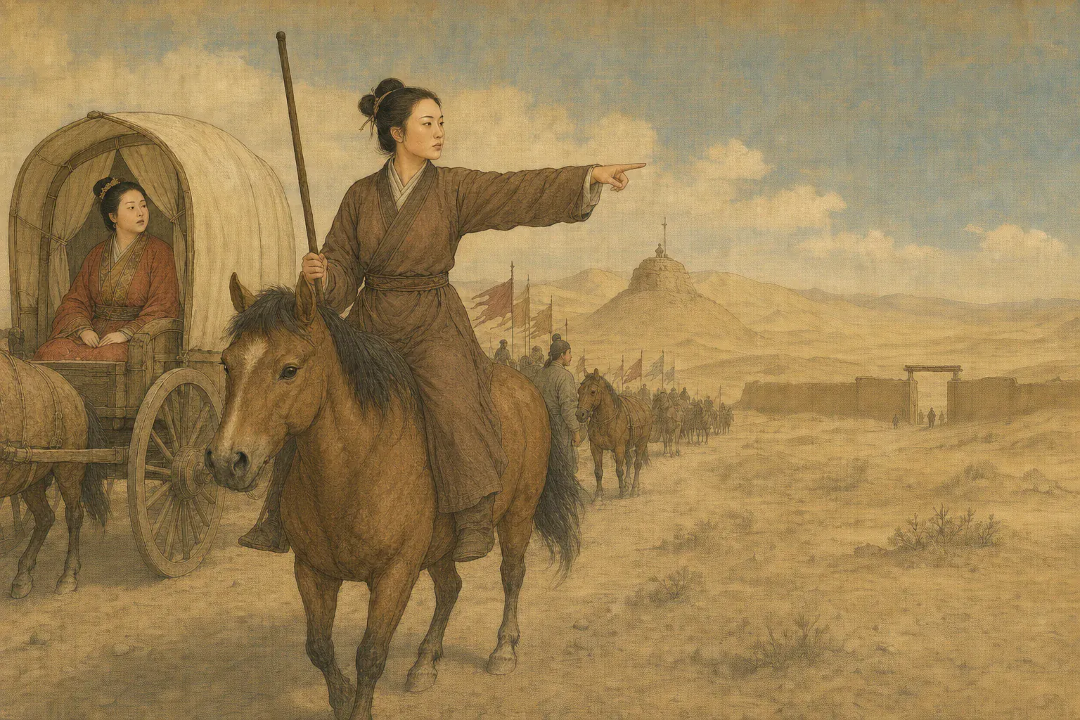 冯嫽骑马指向黄沙尽头的玉门关，解忧公主从车驾中向西眺望。