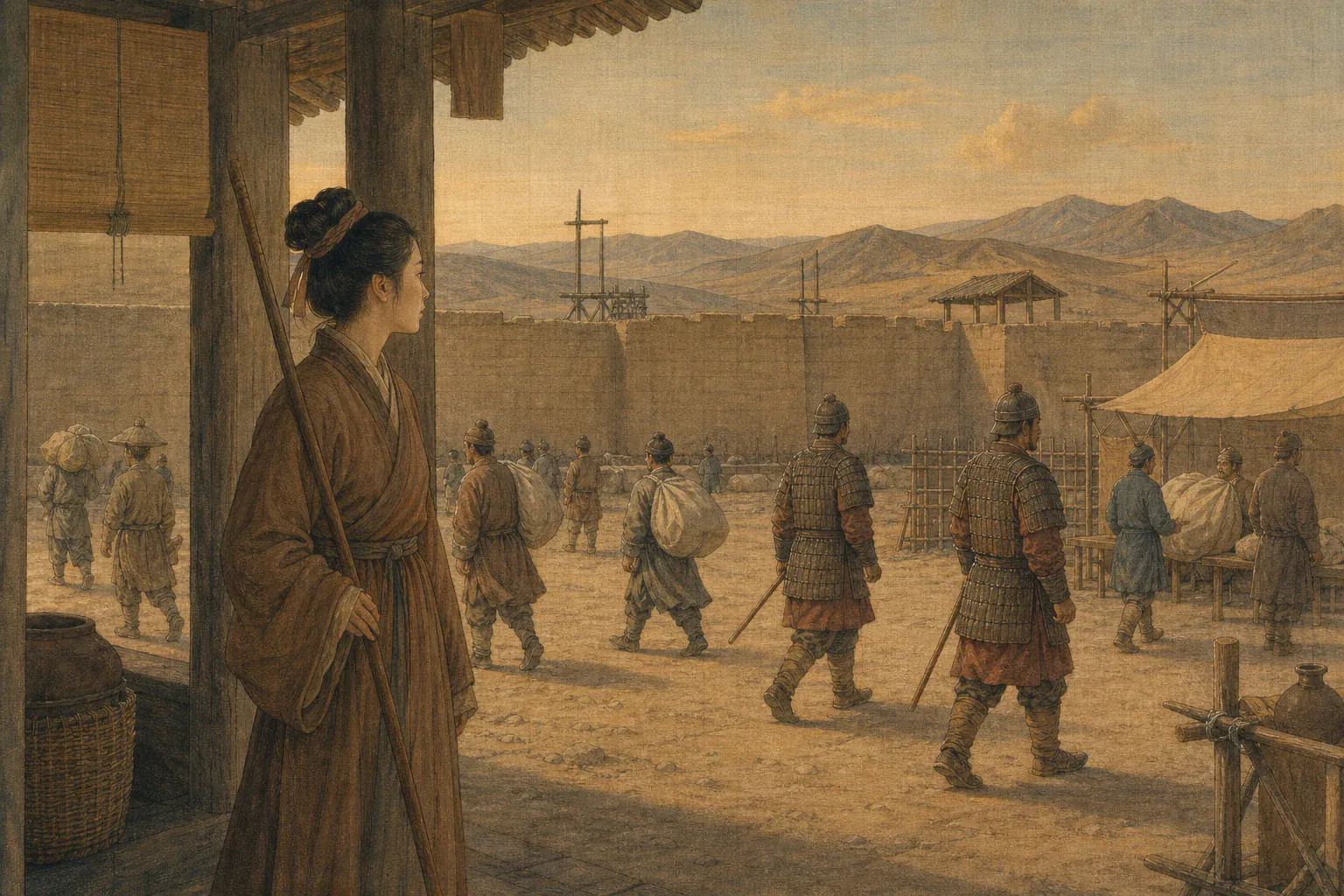冯嫽在酒泉驿舍远望河西边关，城墙内外驻军与商旅交错。