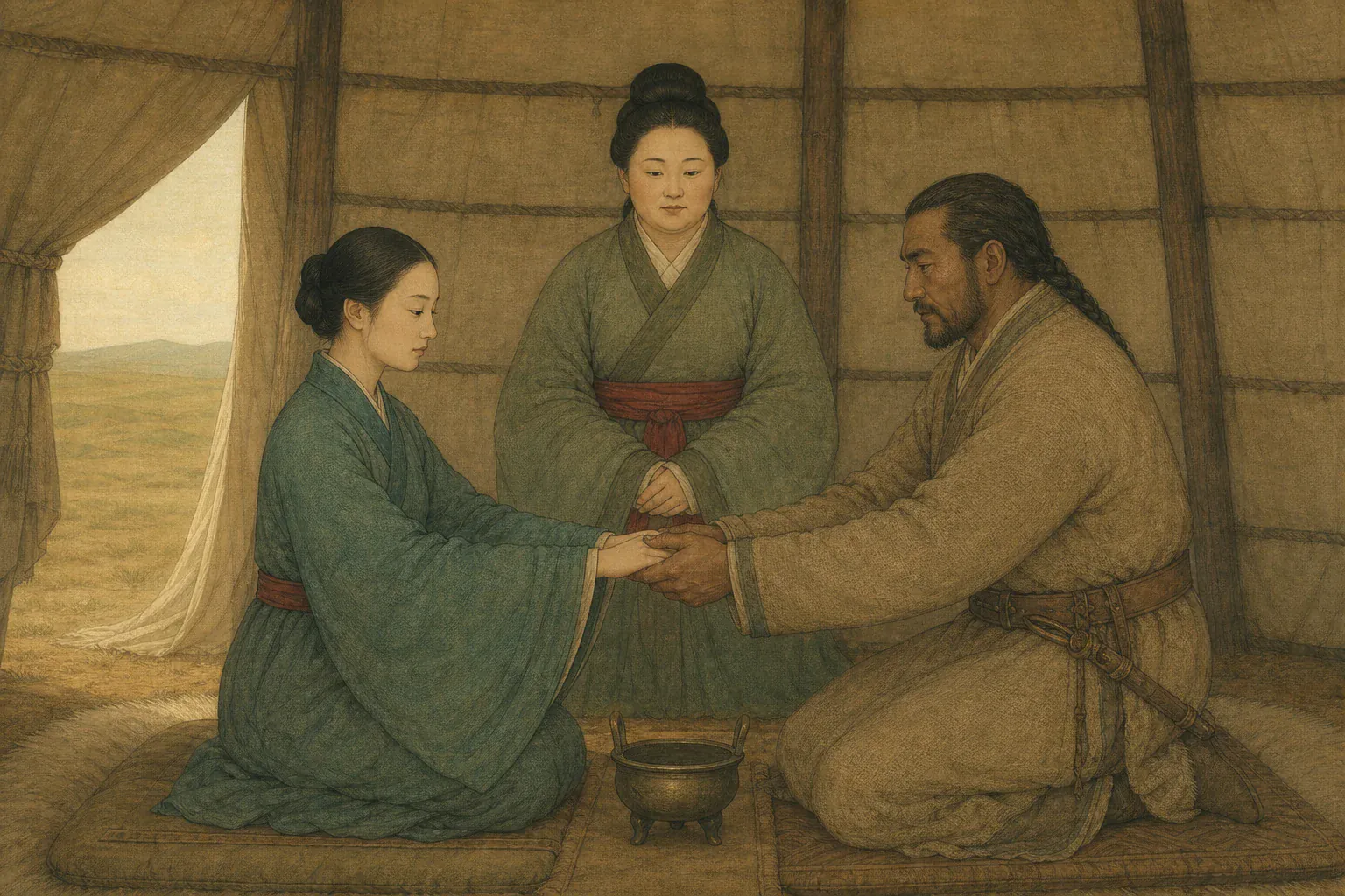 解忧公主在乌孙帐中主持婚礼，将冯嫽许配给乌孙右大将。