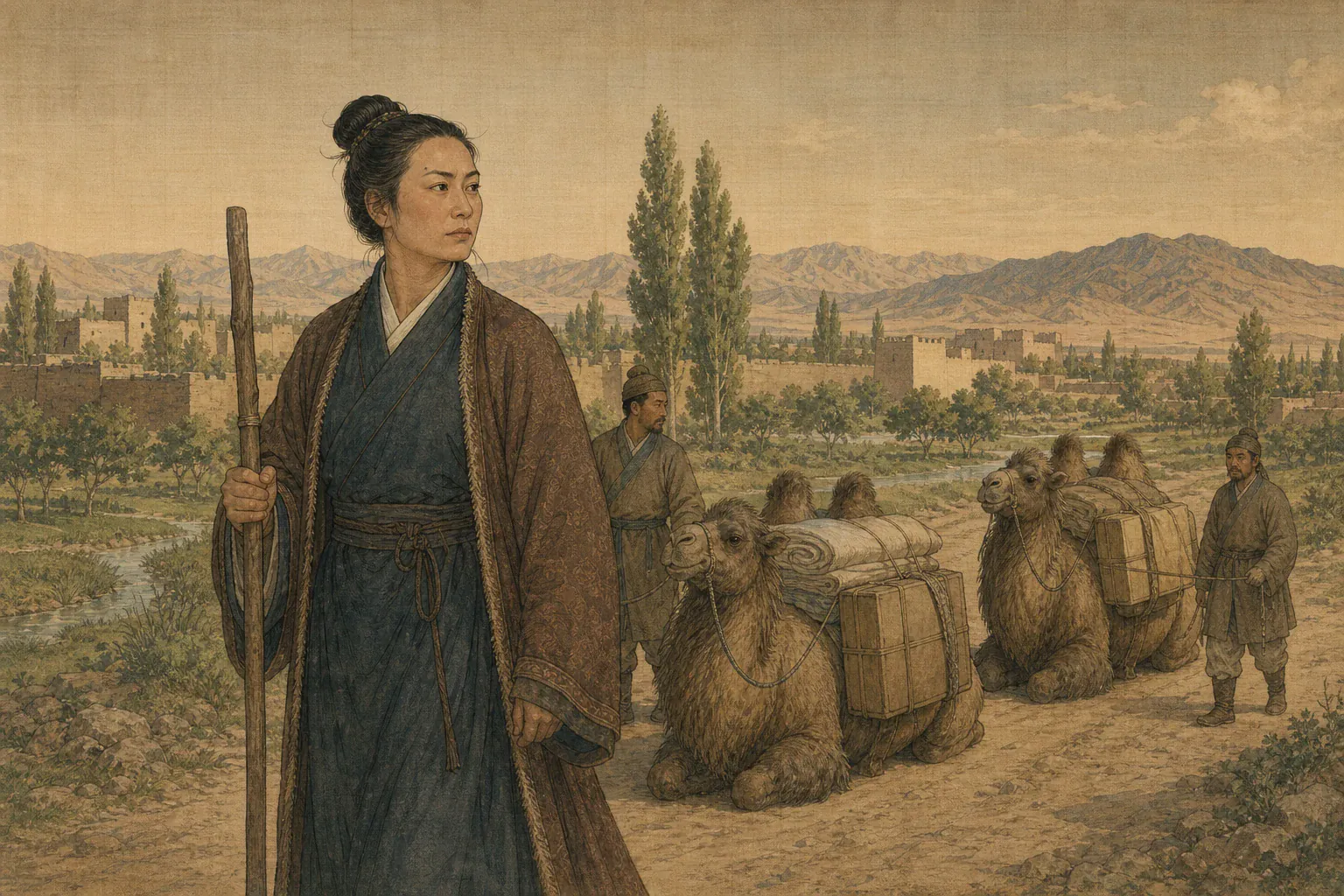 冯嫽携丝绸与礼物走访疏勒、龟兹和姑墨，驼队沿绿洲古道前行。