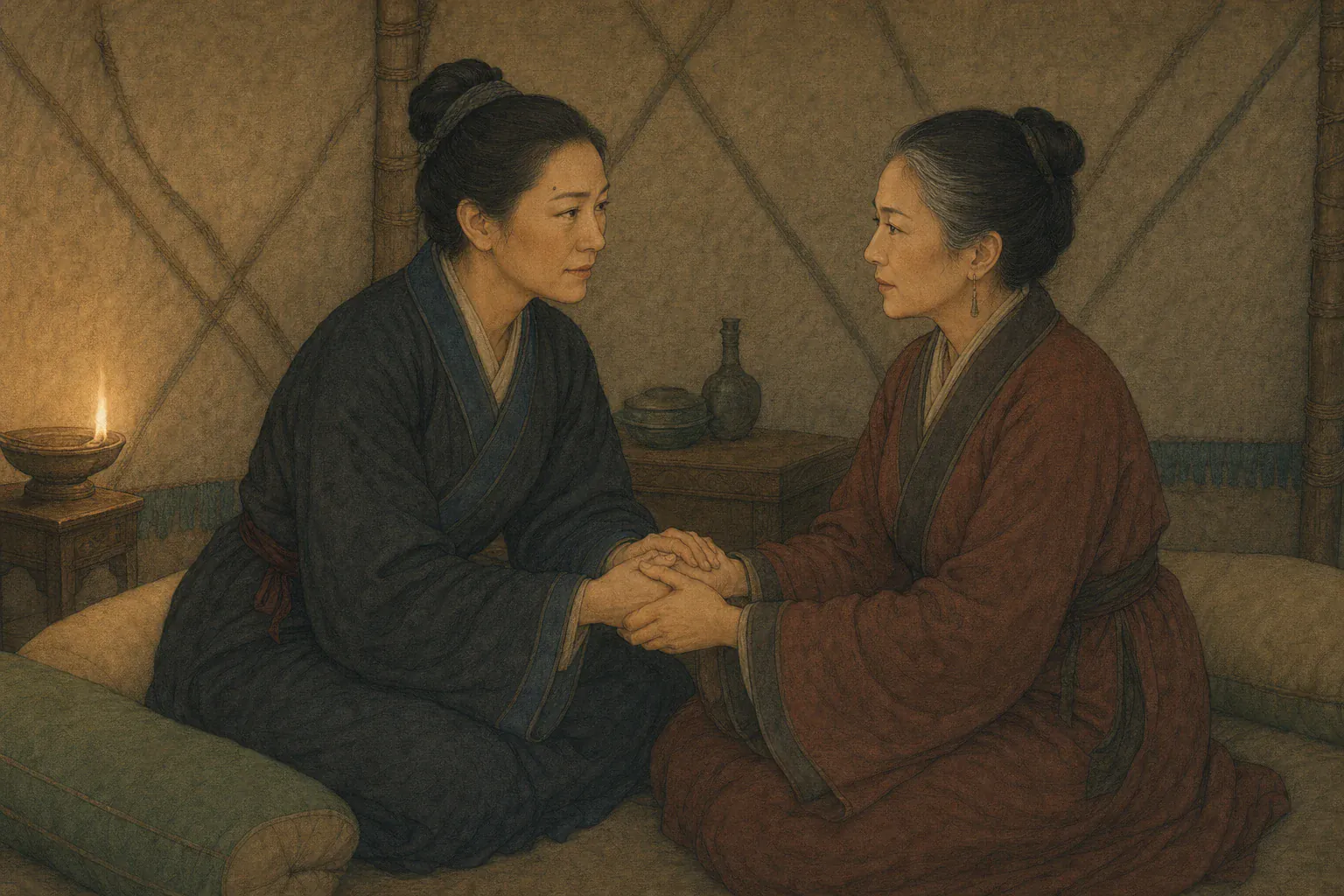 冯嫽面对熬白鬓角的解忧公主，握住她的手承诺共同承担险局。