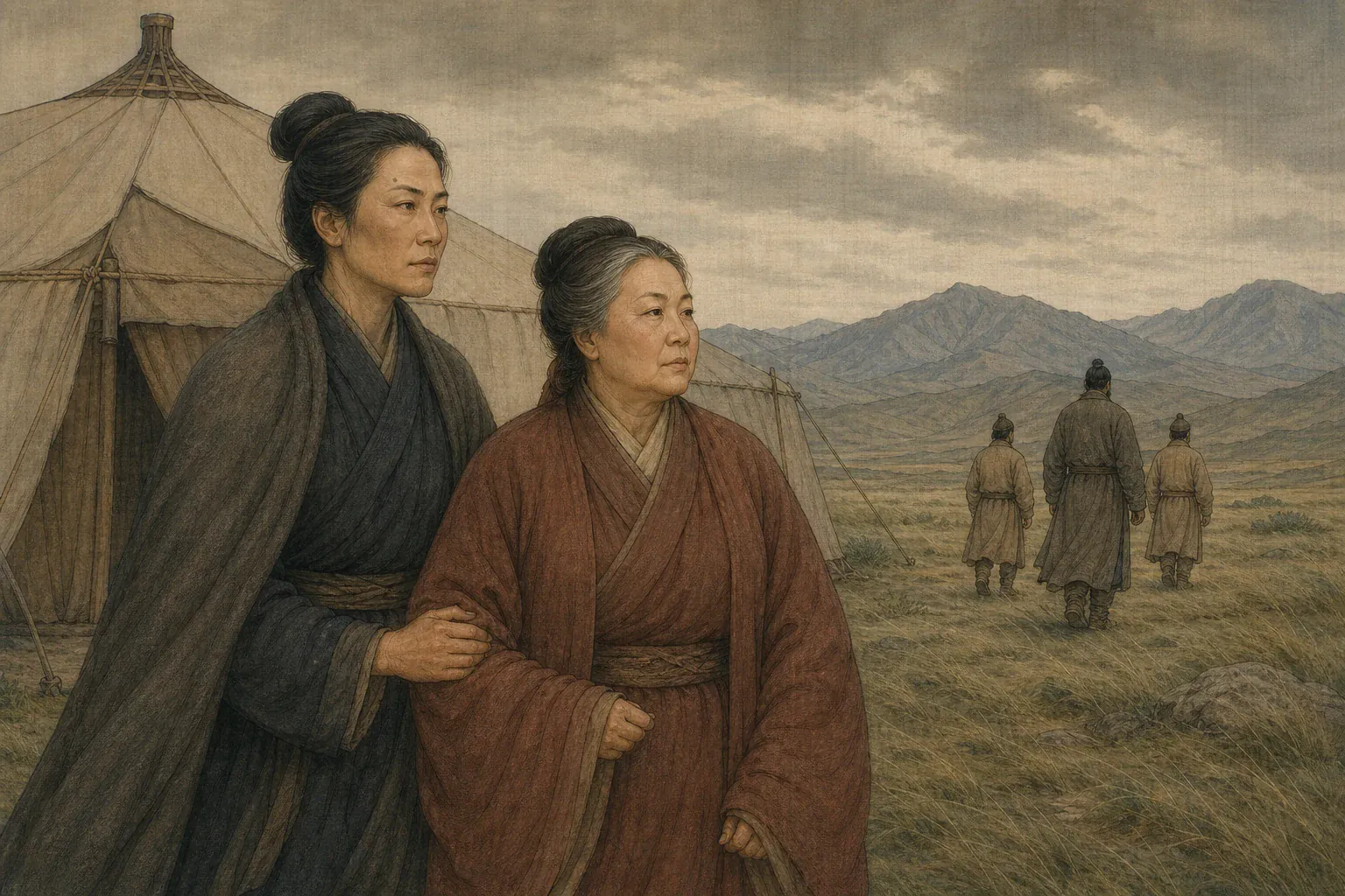 负伤的泥靡逃向草原山地，冯嫽扶住解忧公主凝望动荡的王帐。