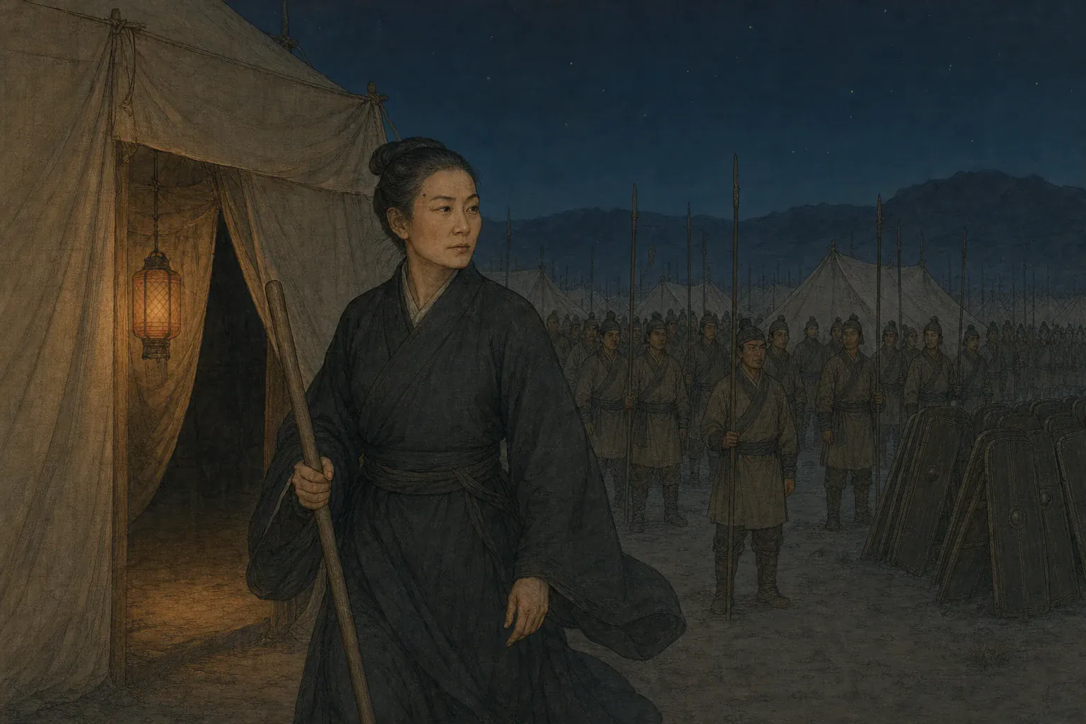 冯嫽独自走出敦煌大帐，身后一万五千汉军在夜色中按兵等待。
