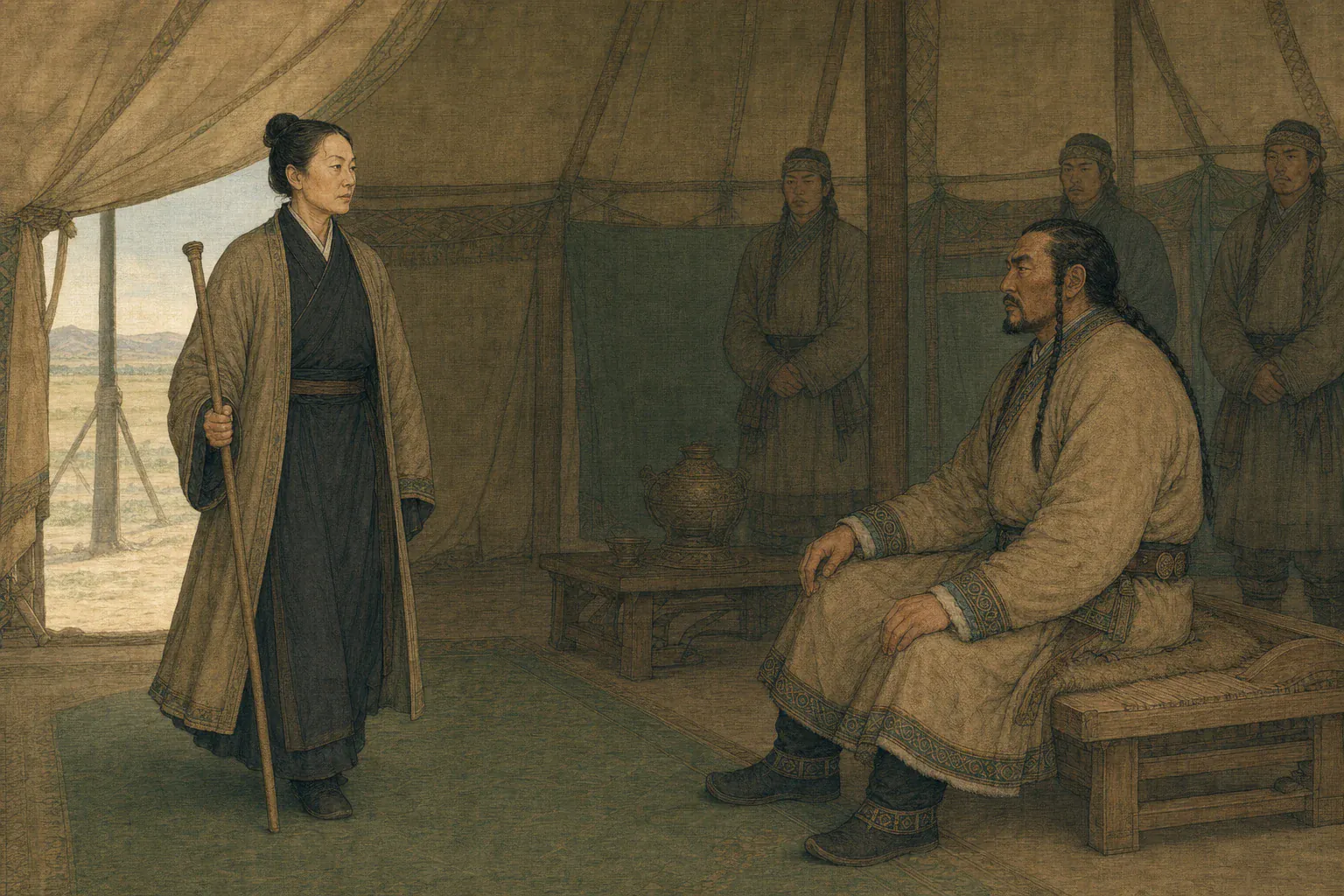 冯嫽独自步入乌孙王帐，镇定面对王座上的乌就屠。