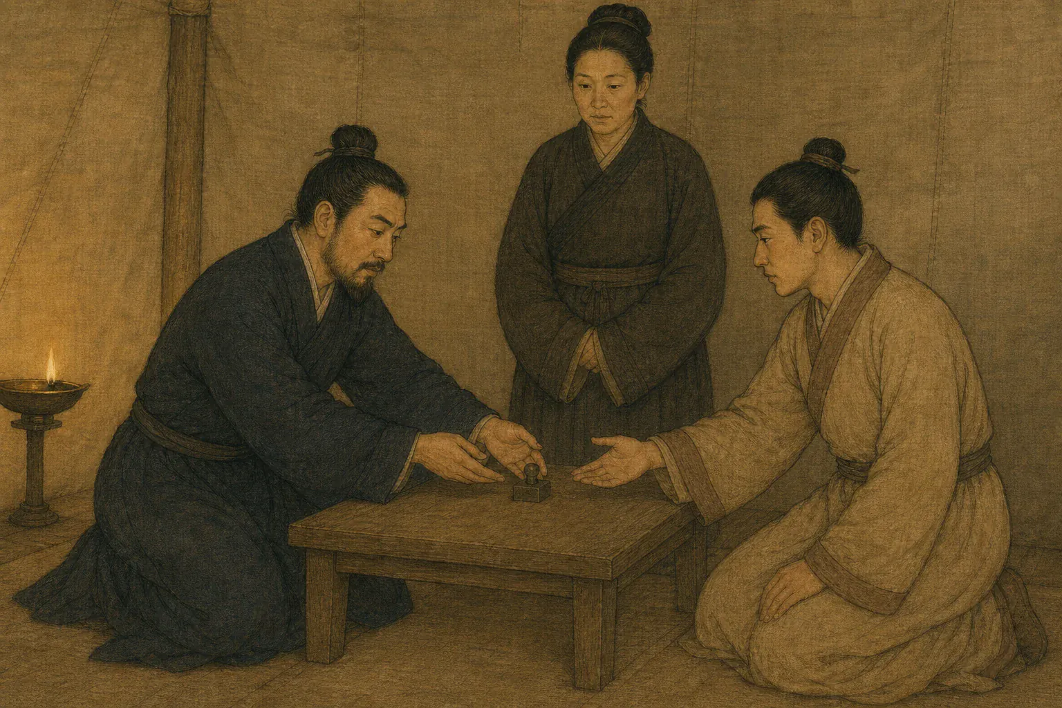 汉使在乌孙王庭授予昆弥印绶，冯嫽站在人群中注视礼仪完成。