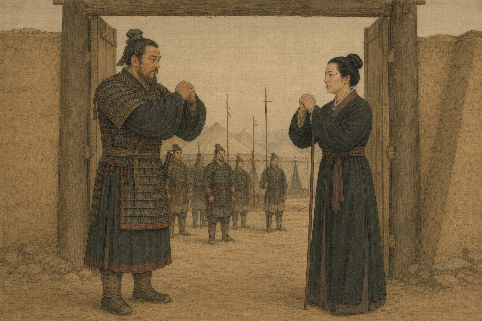 辛武贤亲自迎出敦煌辕门，向风尘仆仆的冯嫽拱手致谢。
