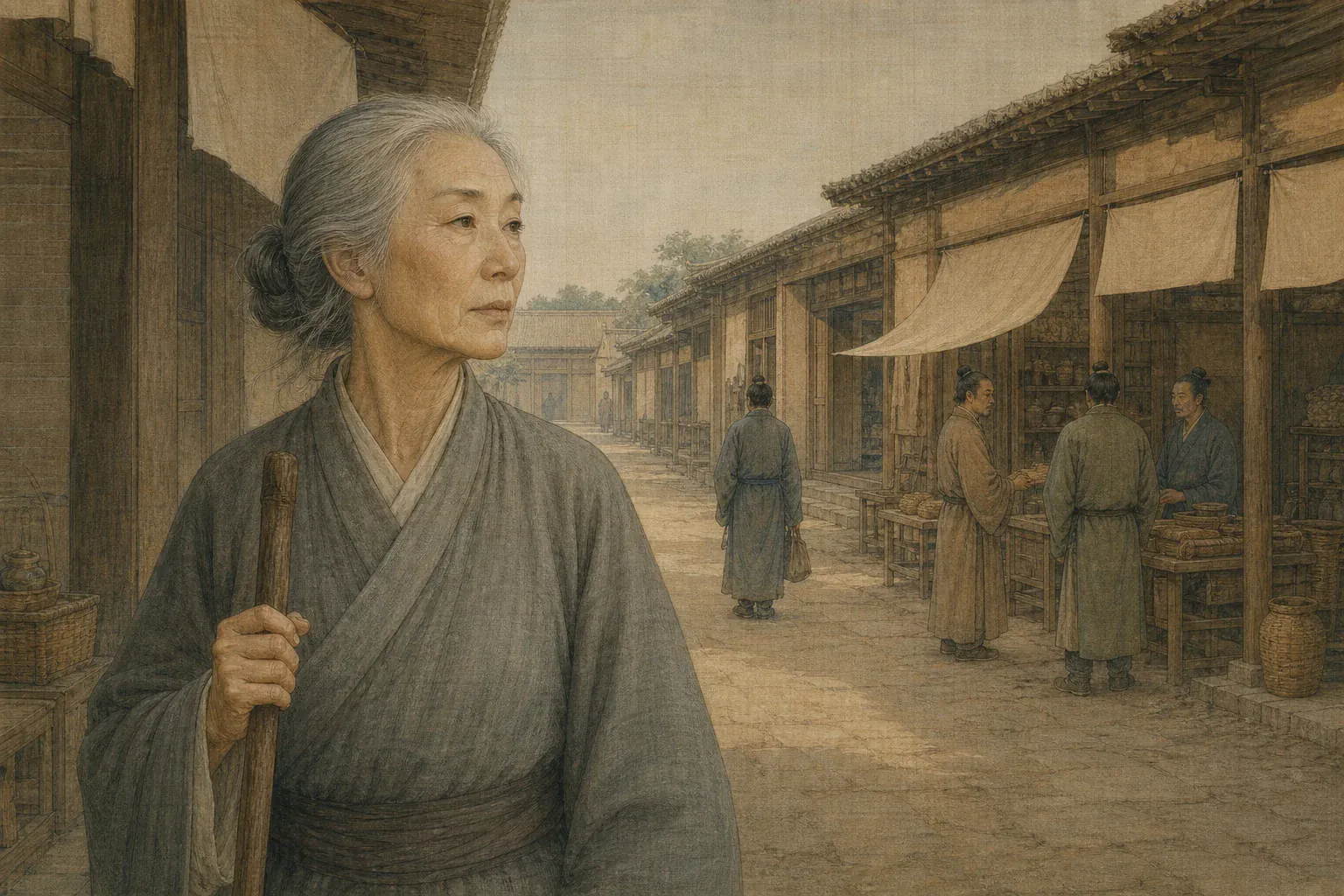 年迈冯嫽回到长安旧街，陌生店铺与衰老故人映出漫长岁月。