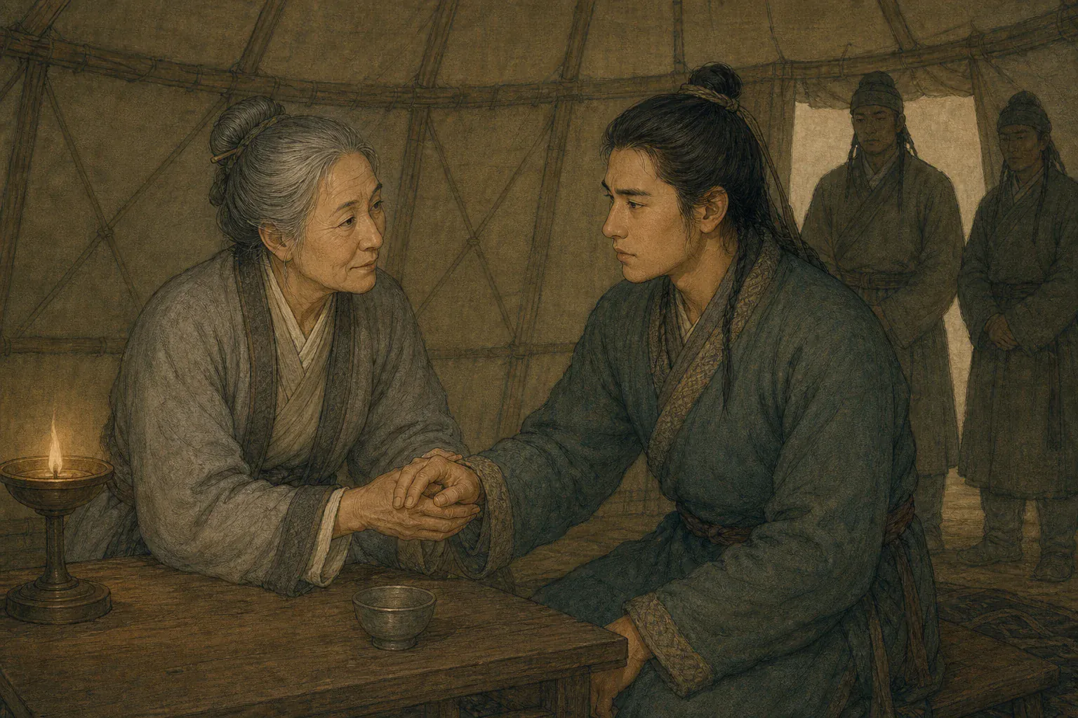 冯嫽在王帐握住青年星靡的手，承诺扶助他独立撑起乌孙。