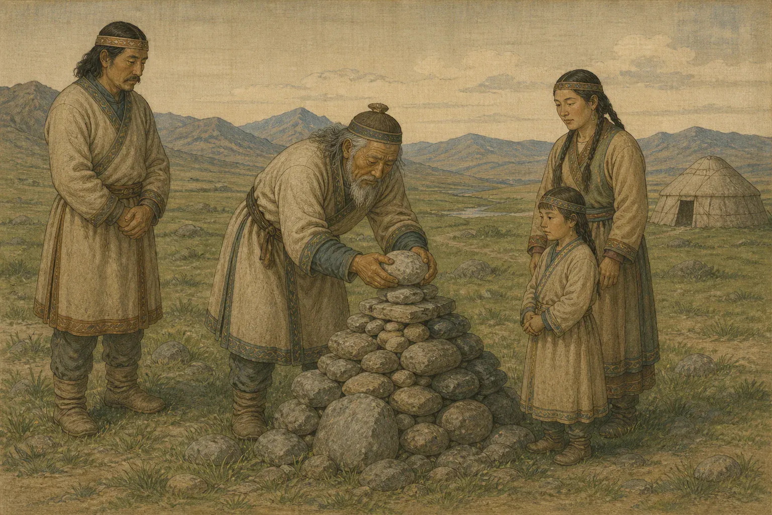 乌孙牧民在冯嫽旧居附近的敖包旁下马，郑重添上一块石头。