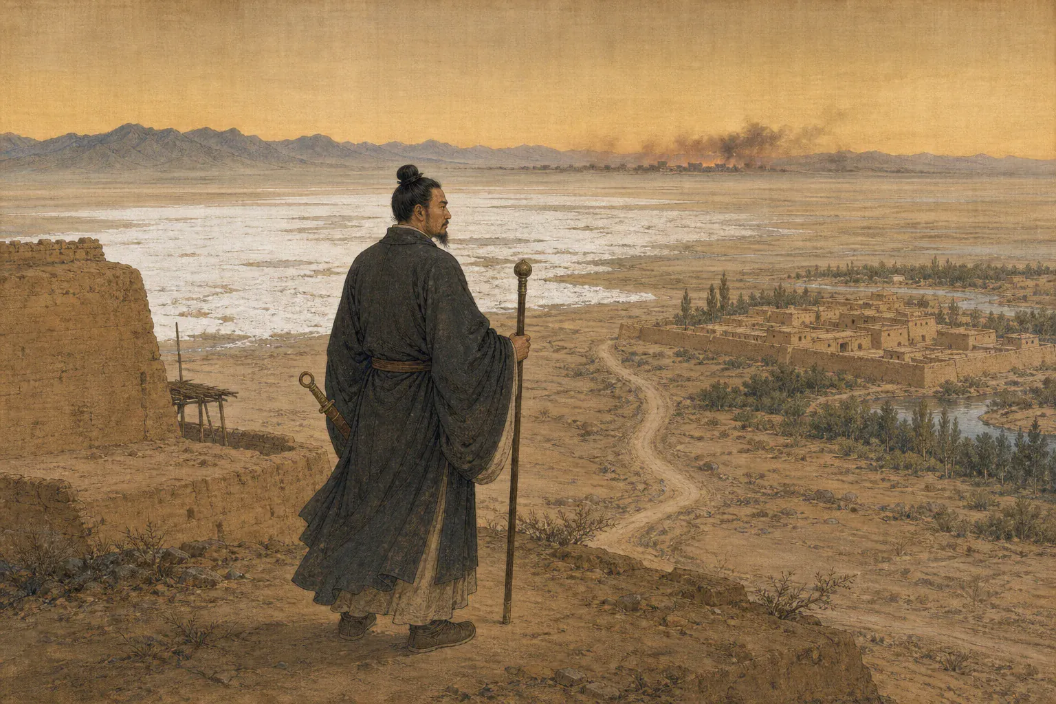 傅介子携代表性器物立于本篇核心地貌，远景串联其经历的重要道路、城关与战场。