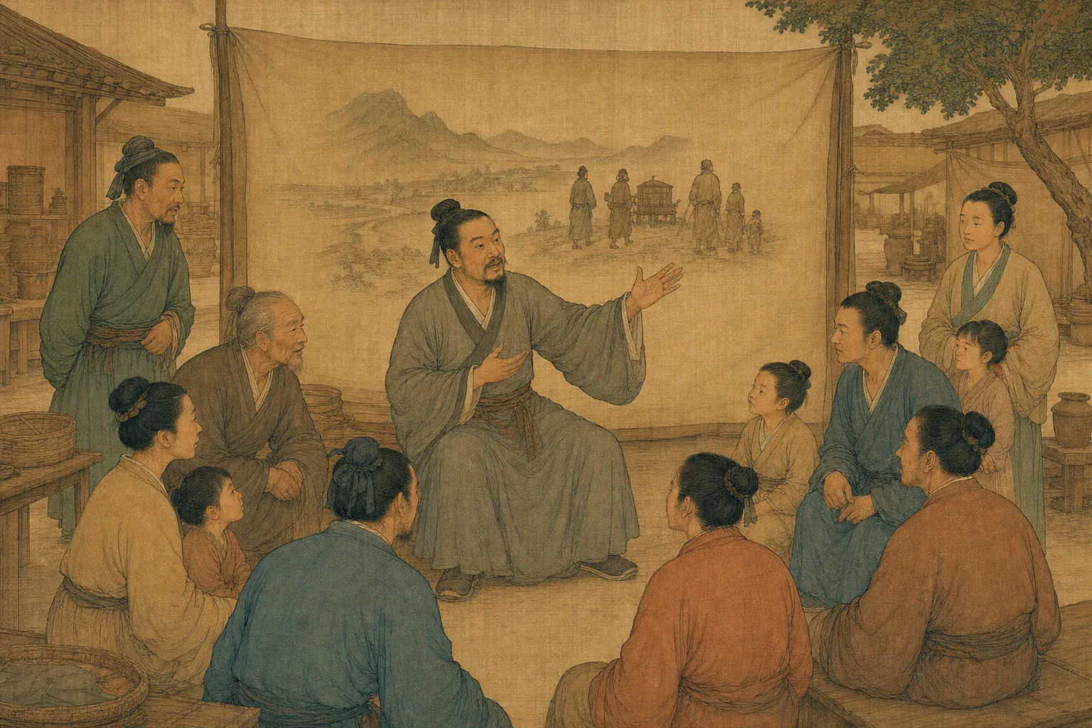 长安说书人向百姓讲述傅介子从楼兰携战果归来的西域传奇。