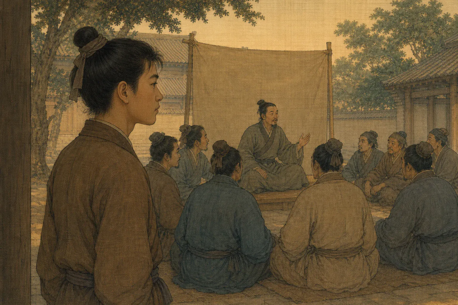 班超少年立在围听人群外，凝望说书人讲述远方使者的传奇。