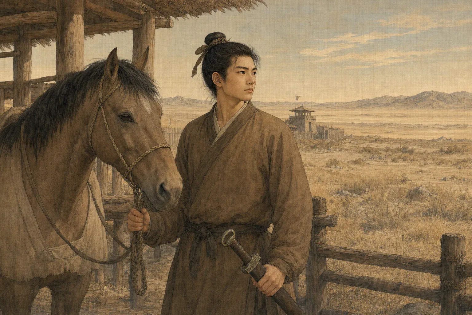 少年傅介子在北地马厩一手牵马一手握刀，眺望大漠方向。