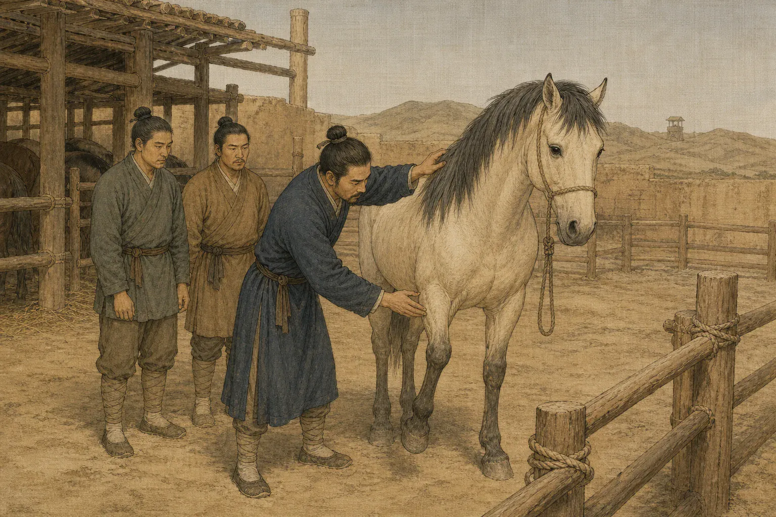 傅介子凭识马本领获荐入朝，在汉代马厩中查验军马。