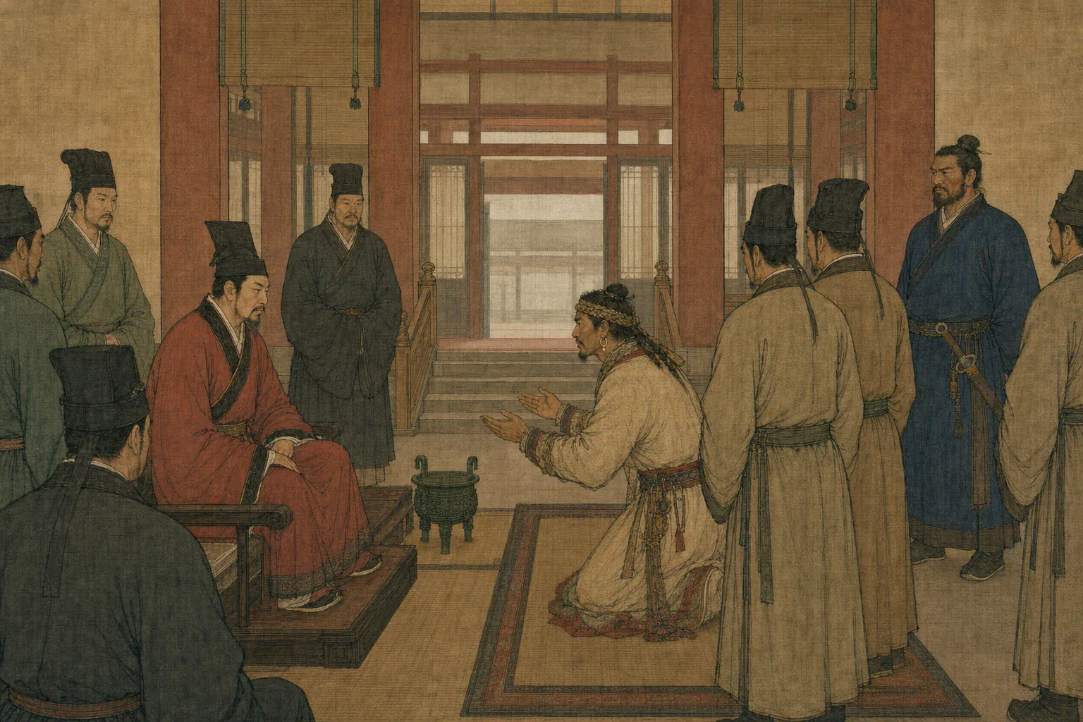傅介子站在朝堂队列末端，凝神听取尉屠耆陈述楼兰内情。