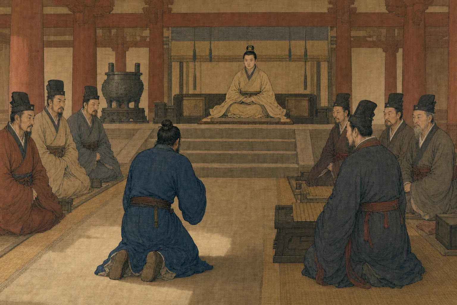 傅介子跪在未央宫朝堂请缨出使，少年汉昭帝与群臣俯视阶下。