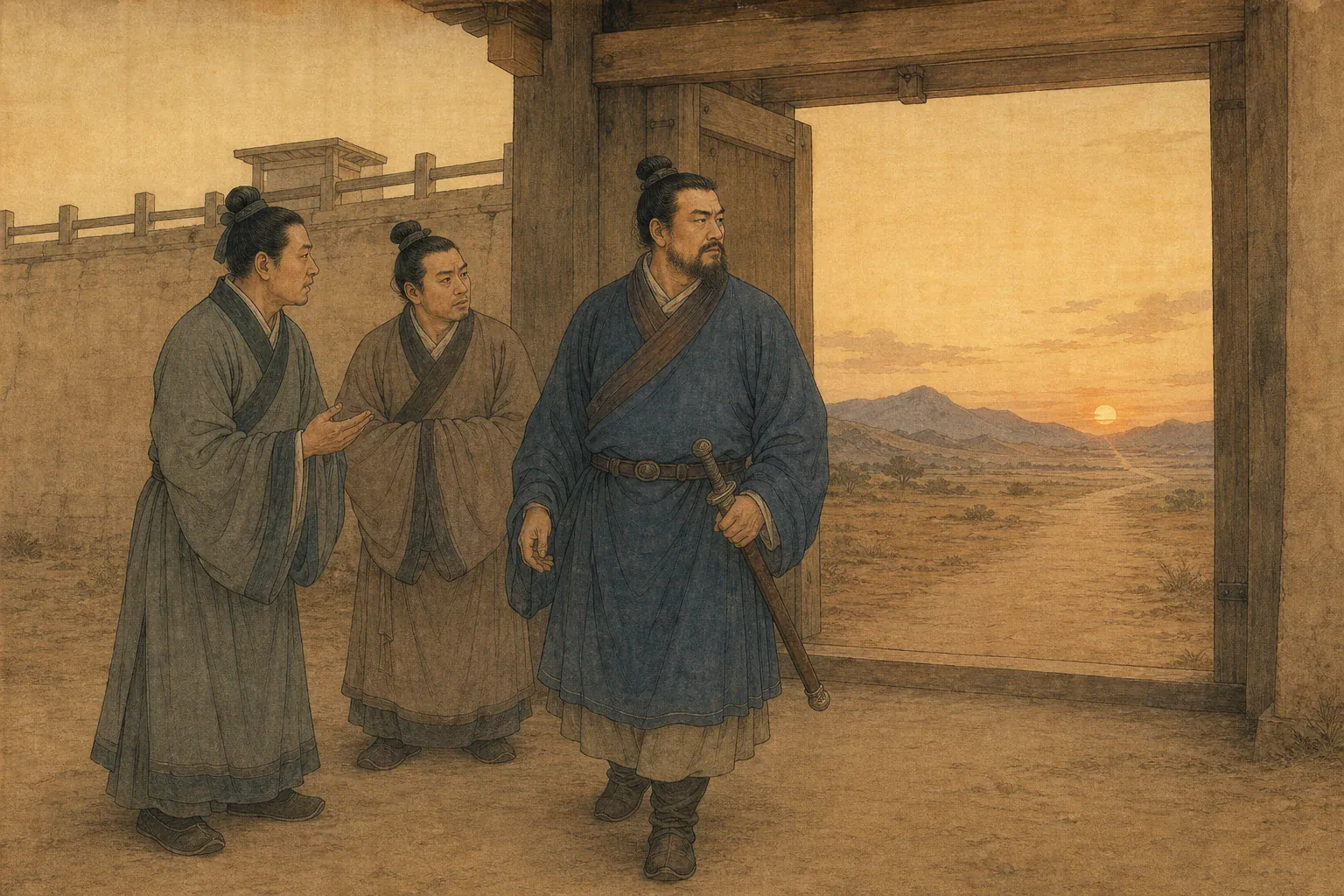 傅介子走出宫门面对质疑的同僚，神情坚定地望向西方。
