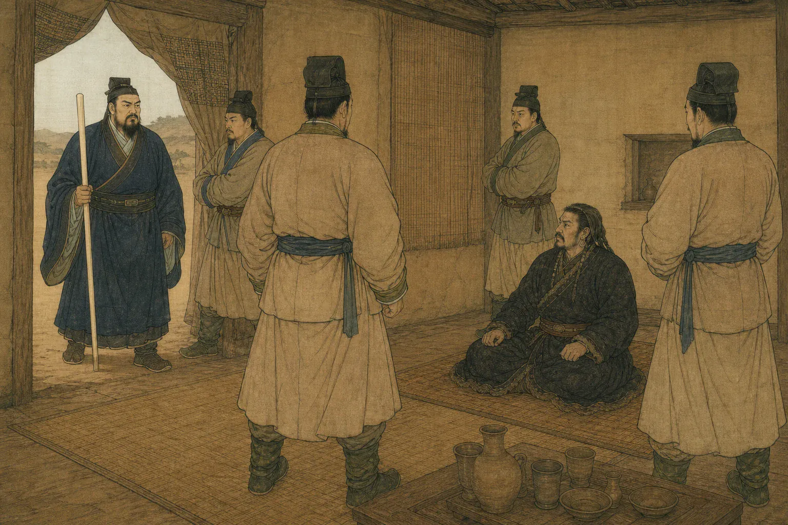 傅介子带壮士在龟兹客馆亮出无字汉节，迅速包围匈奴使者。