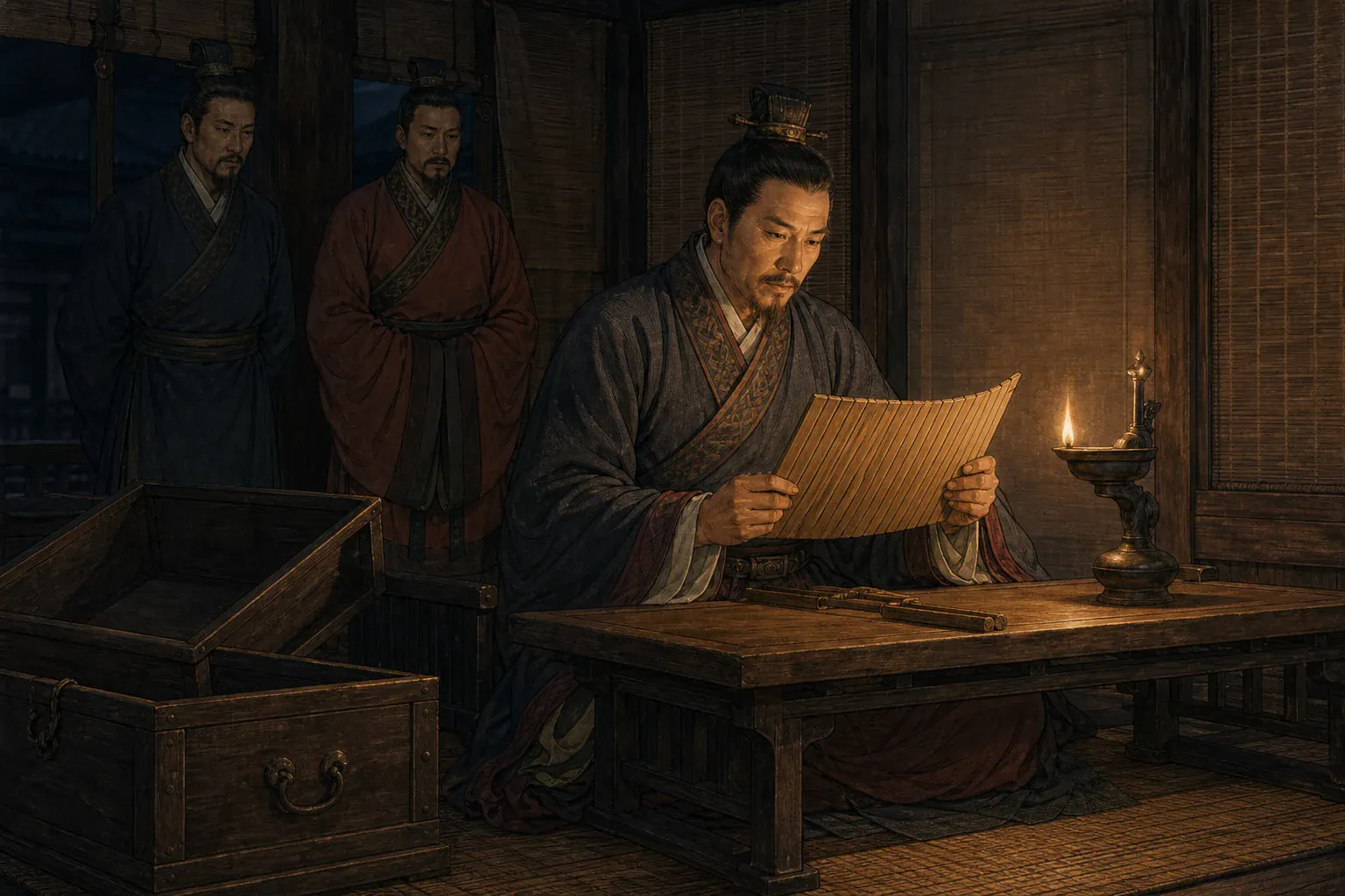 霍光在密室翻阅傅介子卷宗，与幕僚评估这名汉使的胆识。