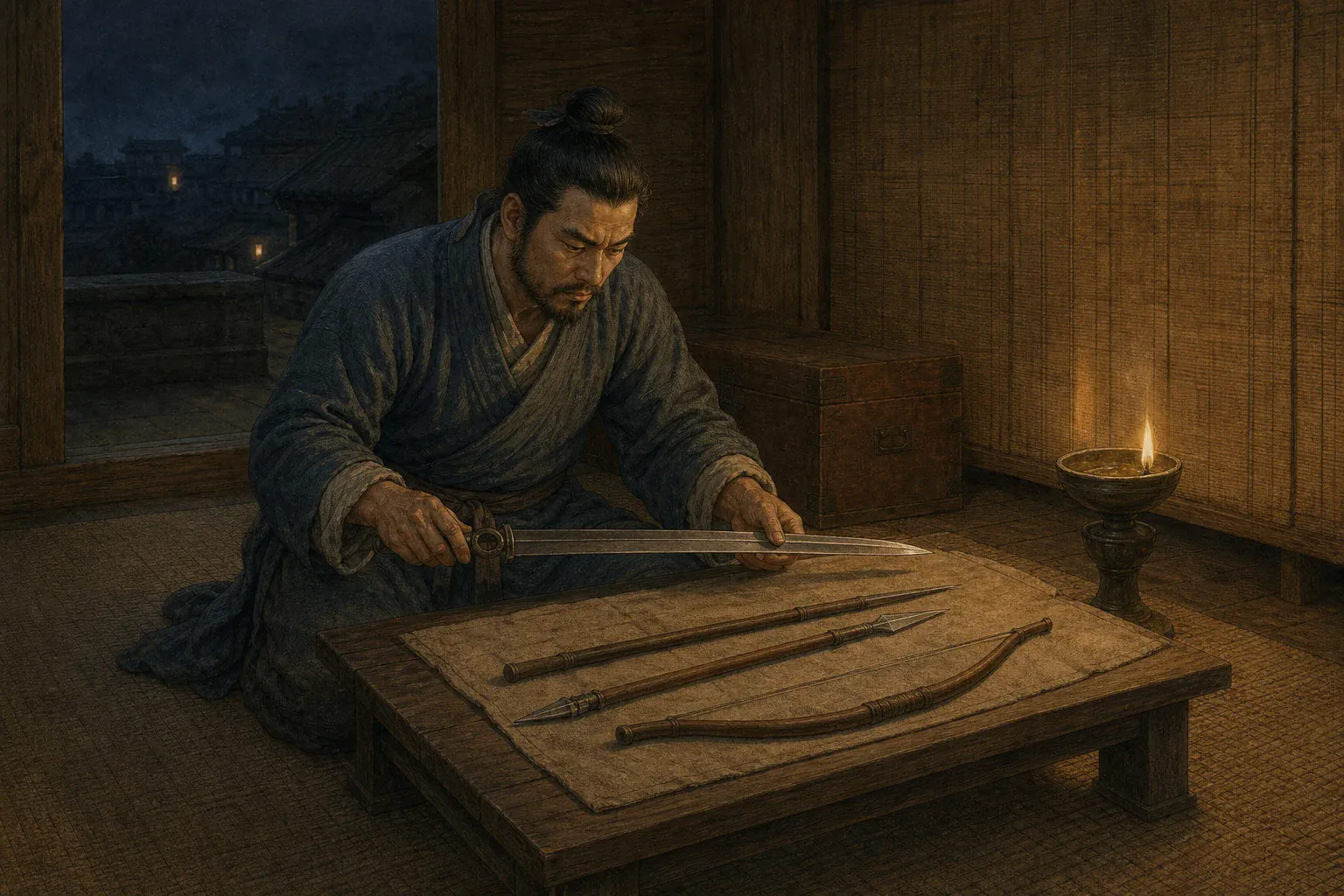 傅介子深夜在长安府中逐一检视环首刀与随行兵器。