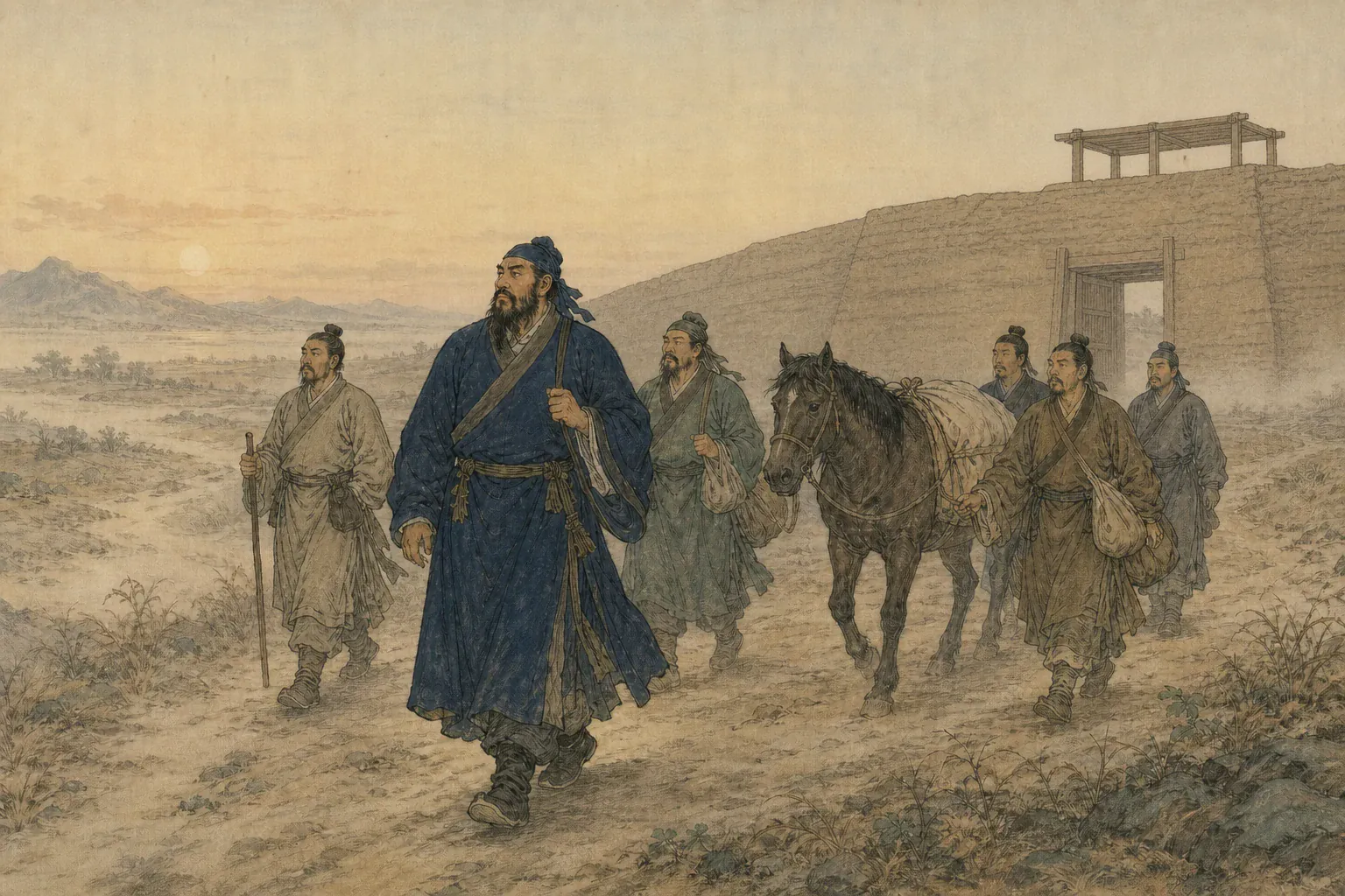 傅介子率勇士在清晨离开长安，城郭轮廓逐渐隐入身后薄雾。