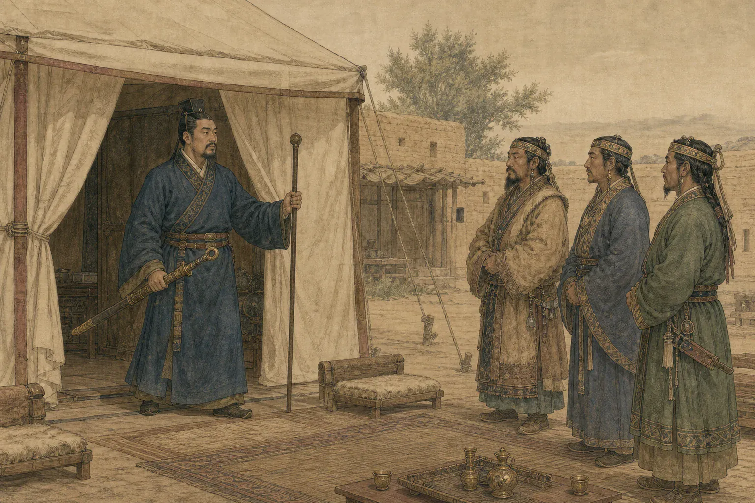 傅介子持刀走出帐幕宣示王命，楼兰贵臣在席前肃立不敢妄动。