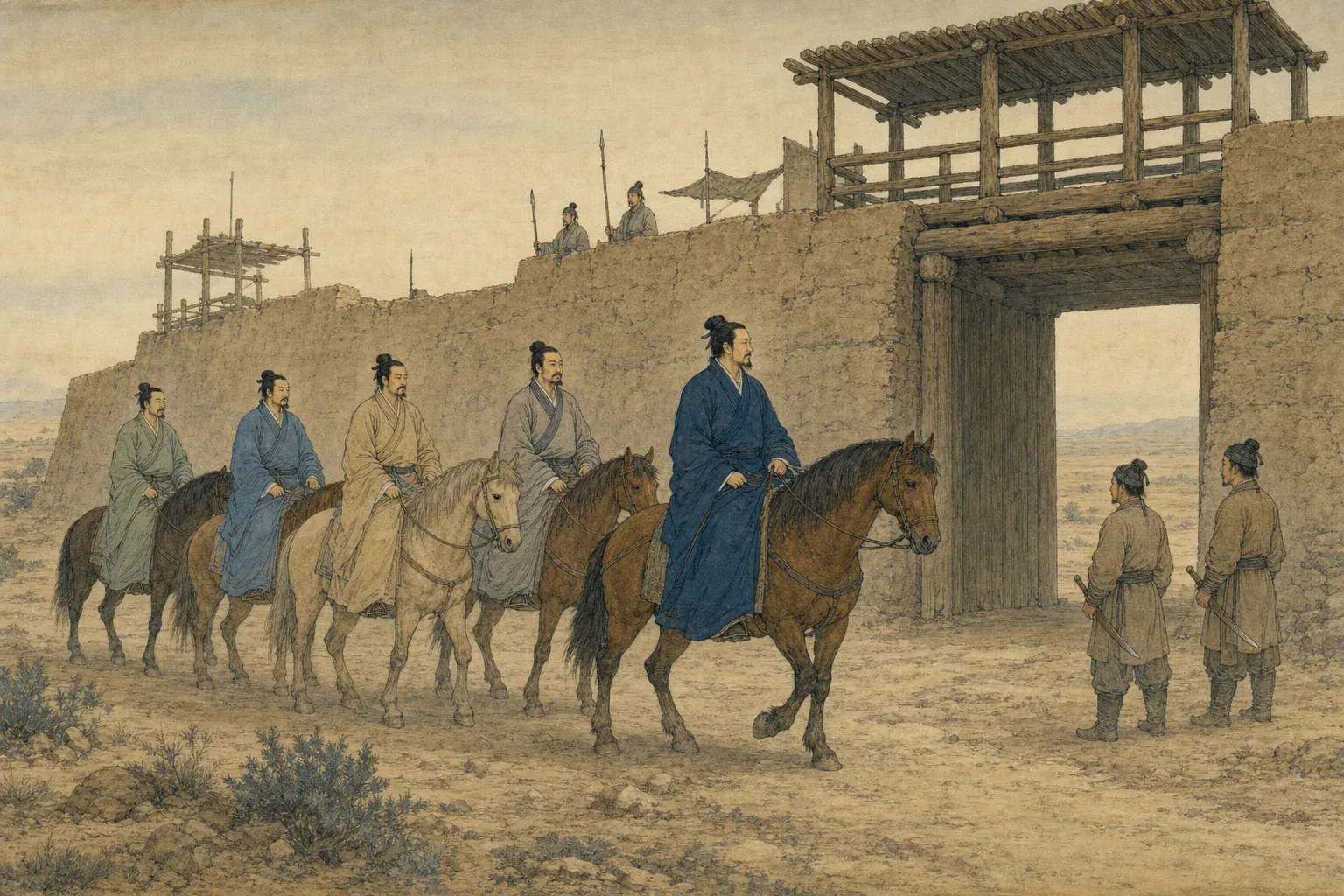 傅介子一行策马走出楼兰城门，守军握刀让开通往汉地的道路。