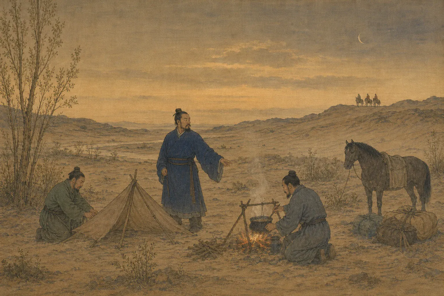 傅介子面对远处跟踪的匈奴游骑，命随从镇定扎营生火。