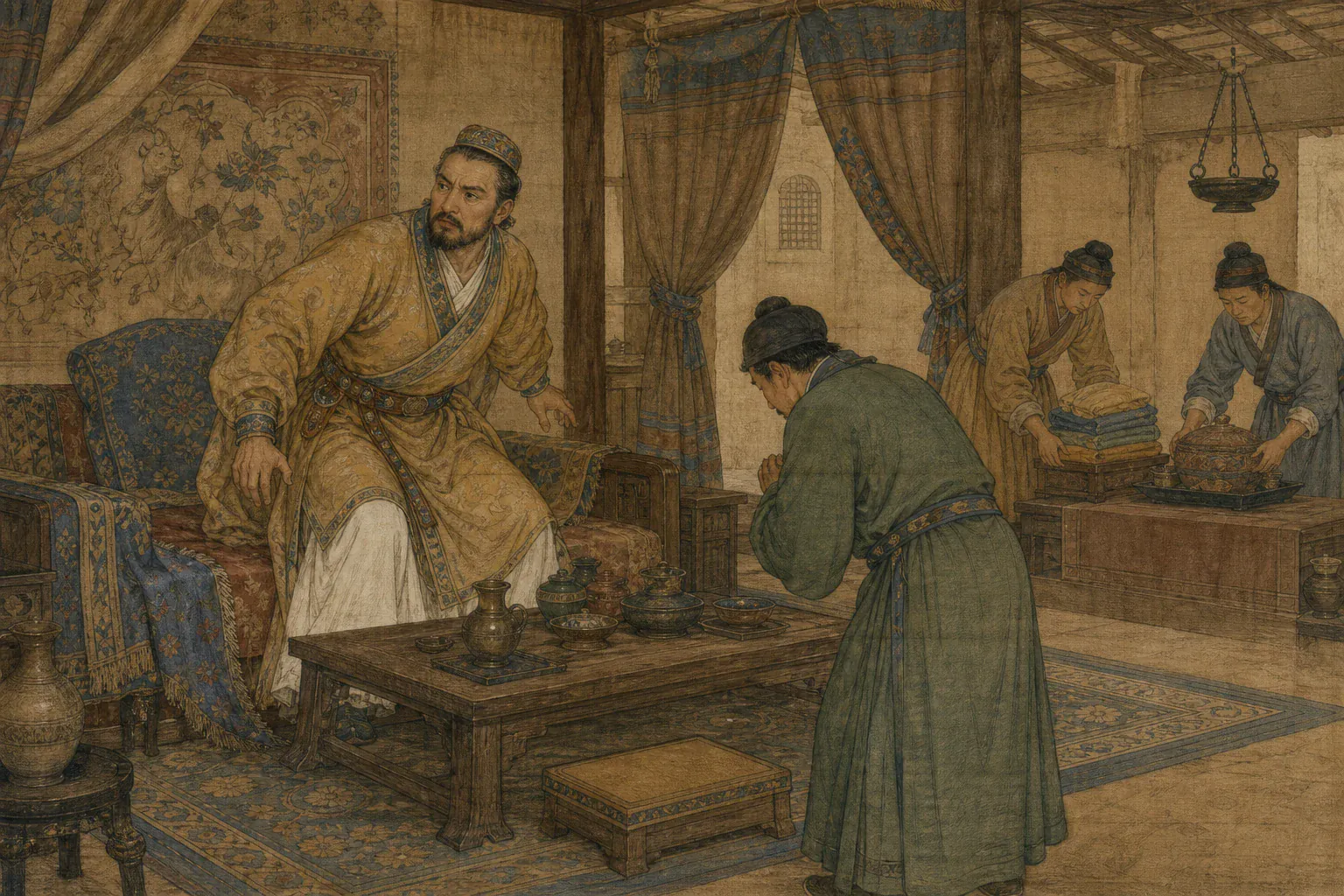 龟兹王在宫中闻知楼兰王被杀，脸色骤变并命人准备重礼。