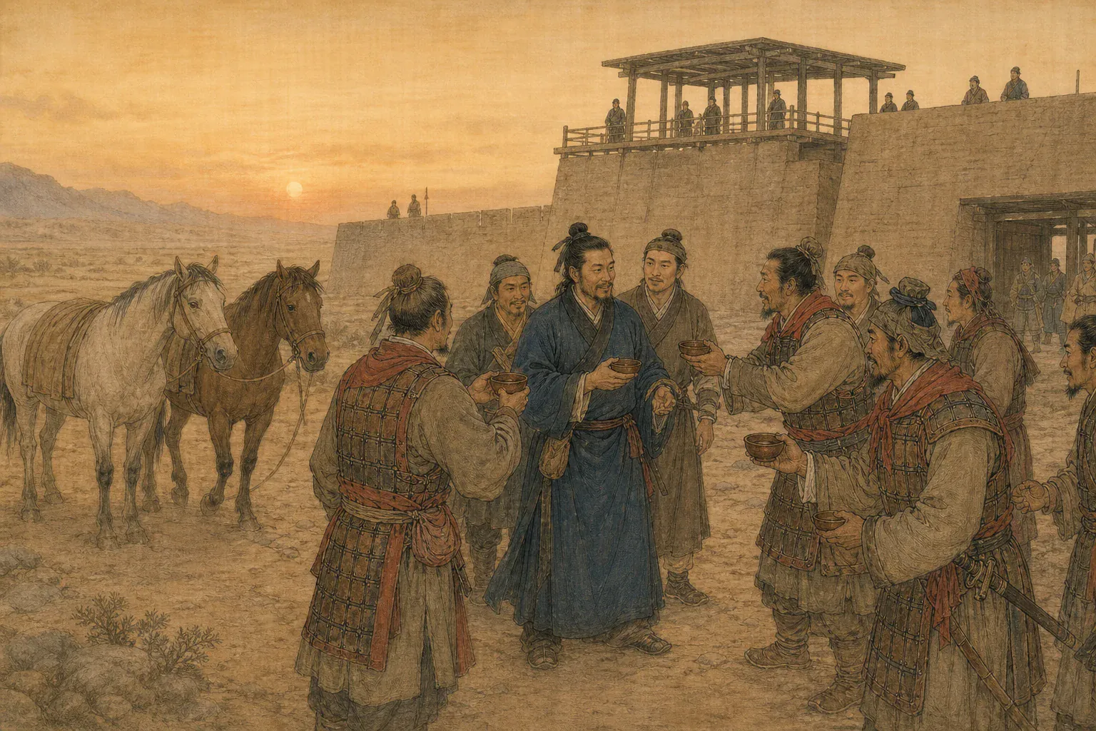 玉门关将士围住归来的傅介子一行，为他们递上酒碗并牵来坐骑。