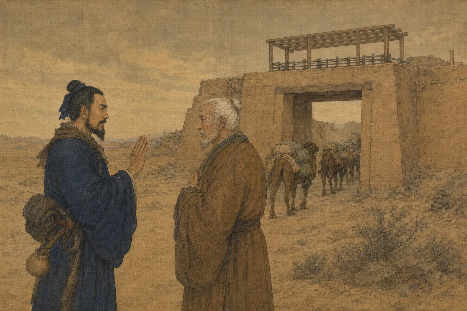 傅介子与白发西域商人在玉门关外相别，驼队随后穿过关门。