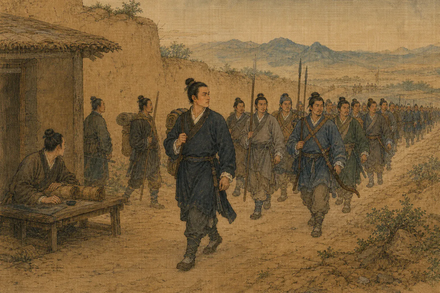 青年班超离开文案投身军旅，三十六名随从在塞外道路集结。