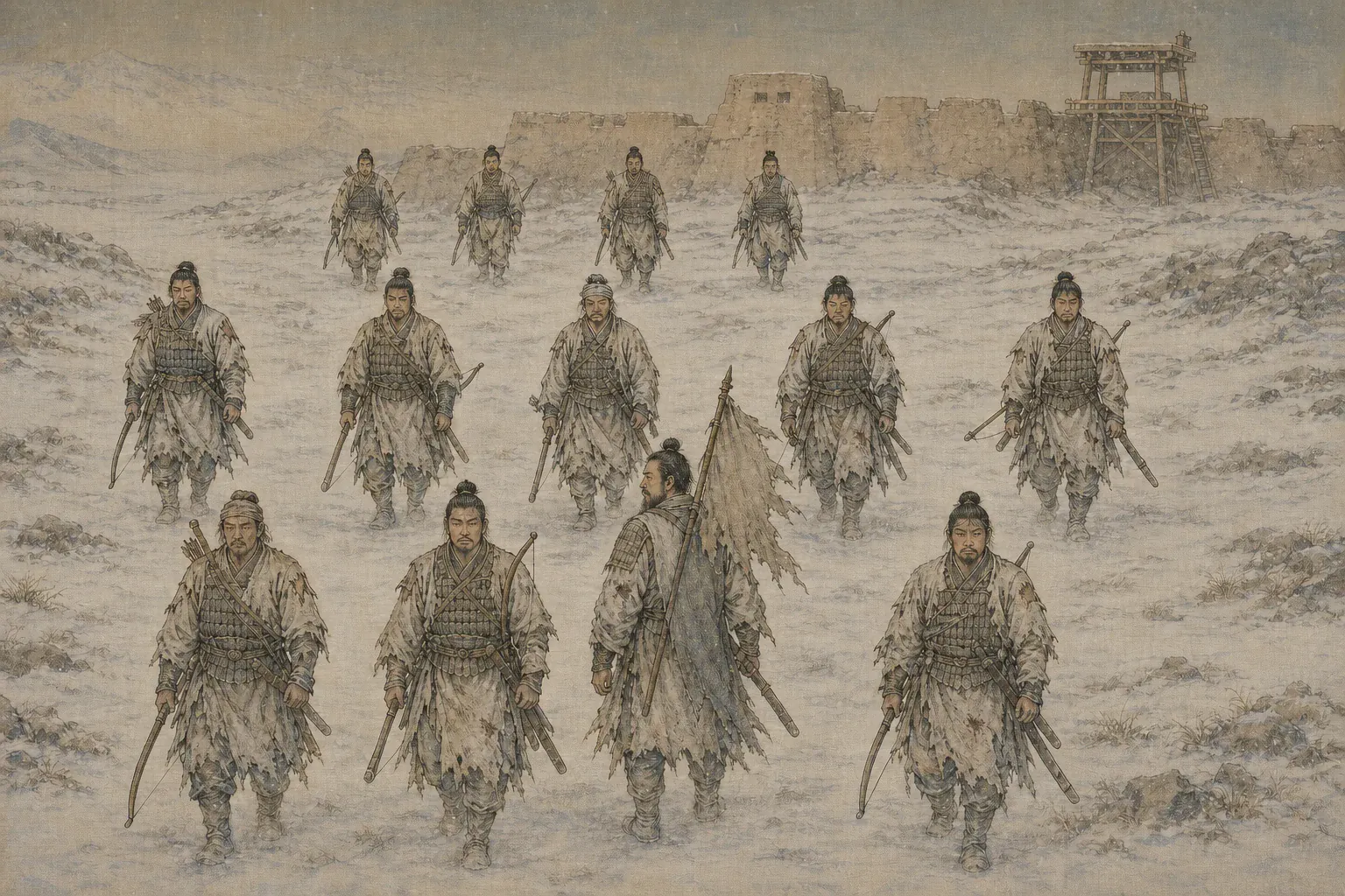 十三名衣甲残破、满面风霜的汉军士卒在雪地中缓慢走向玉门关。