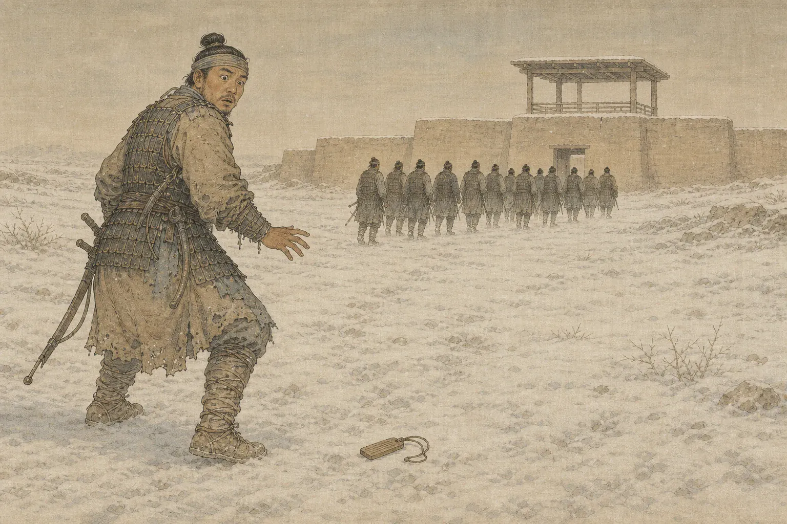 守卒张二看见雪地里的十三名残兵，腰牌脱手落在玉门关砖地上。