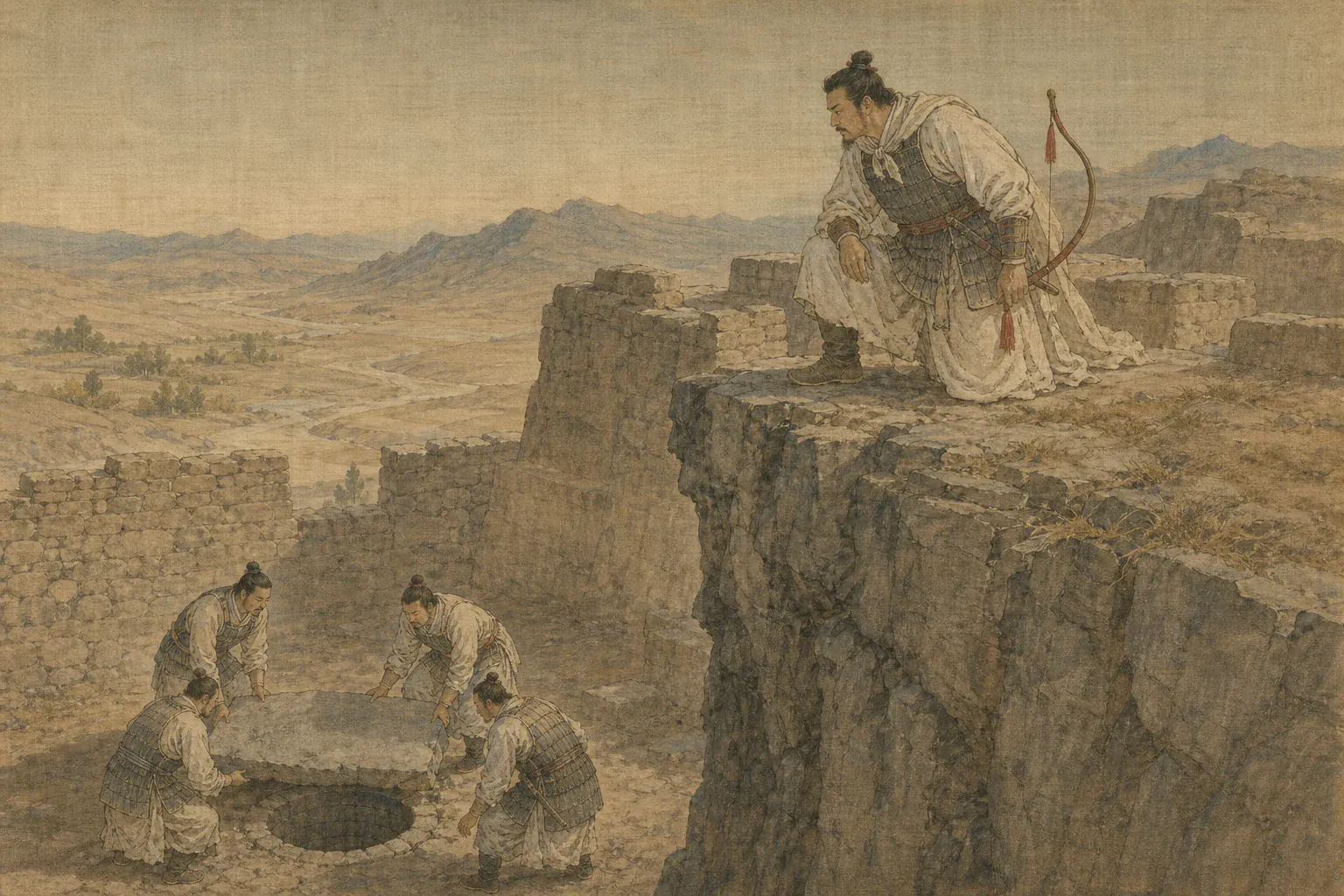 耿恭登上疏勒城北绝壁勘察城防，士卒掀开积灰石板查看枯井。
