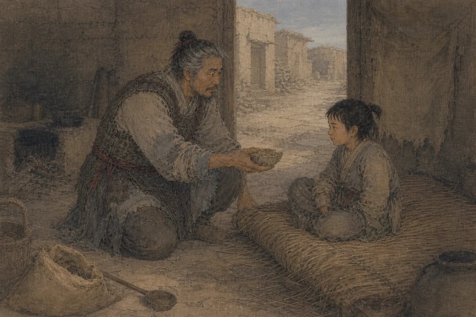 老兵老王把战场救回的幼童安置在疏勒城内，分给他一只小陶碗。
