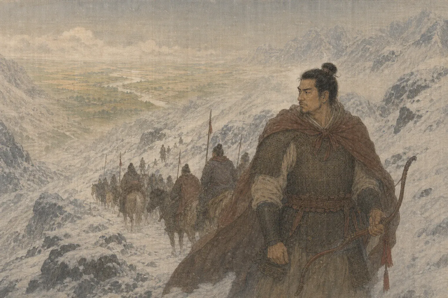 范羌在雪山行军途中望向东方，回想关内春日河流与麦田。