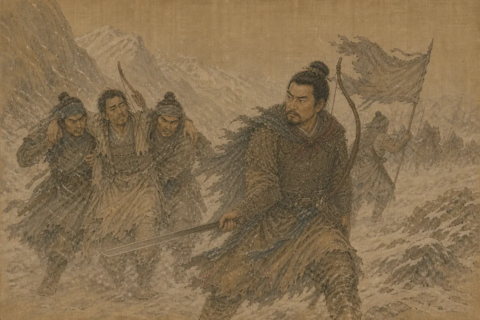 范羌持东汉环首刀在雪路开道，士卒架着耿恭护送残破军旗向东突围。