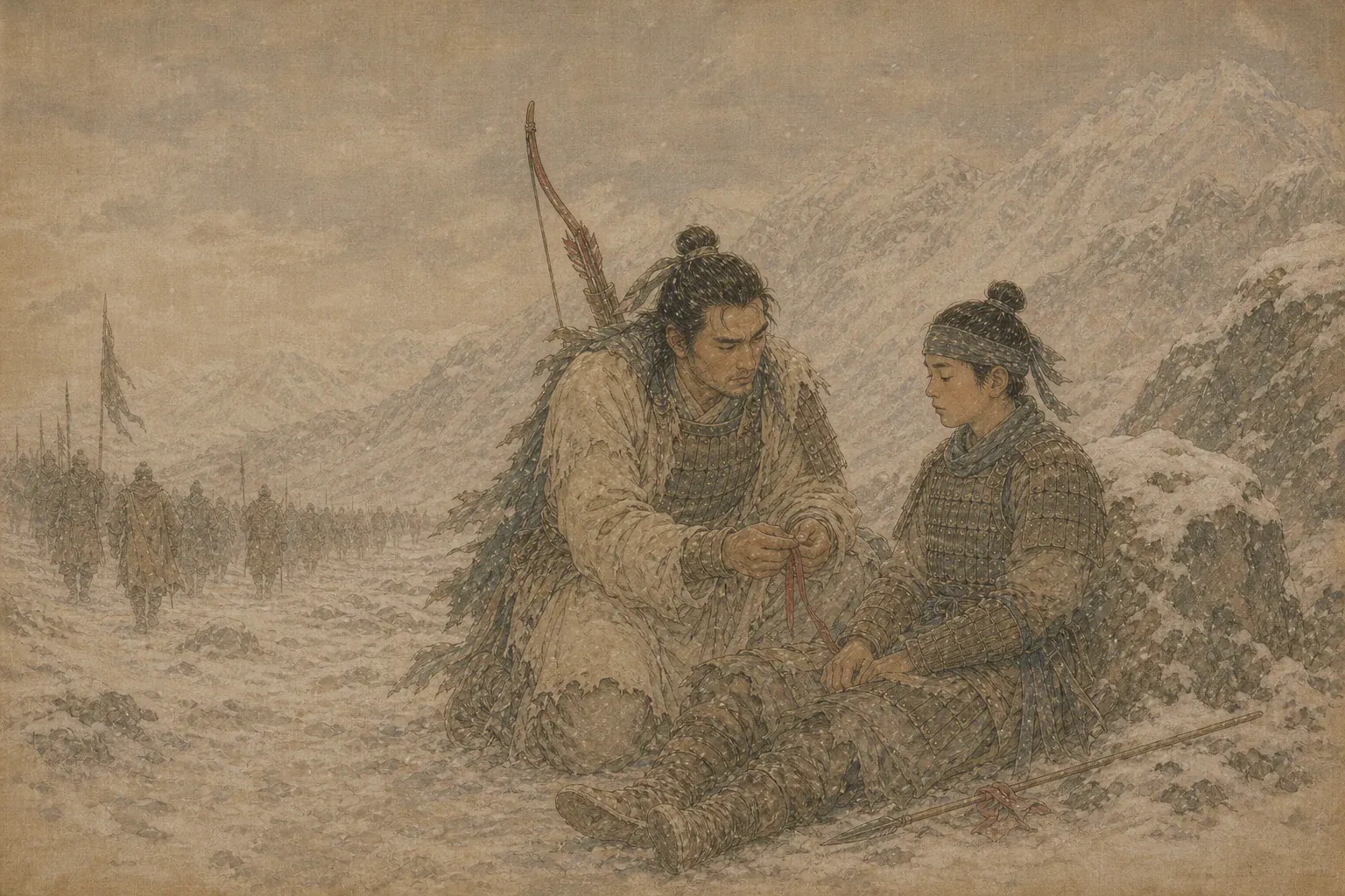 阿奴安静倚在雪地，手边素面箭杆缠着红绳，耿恭俯身握住红绳与他诀别。