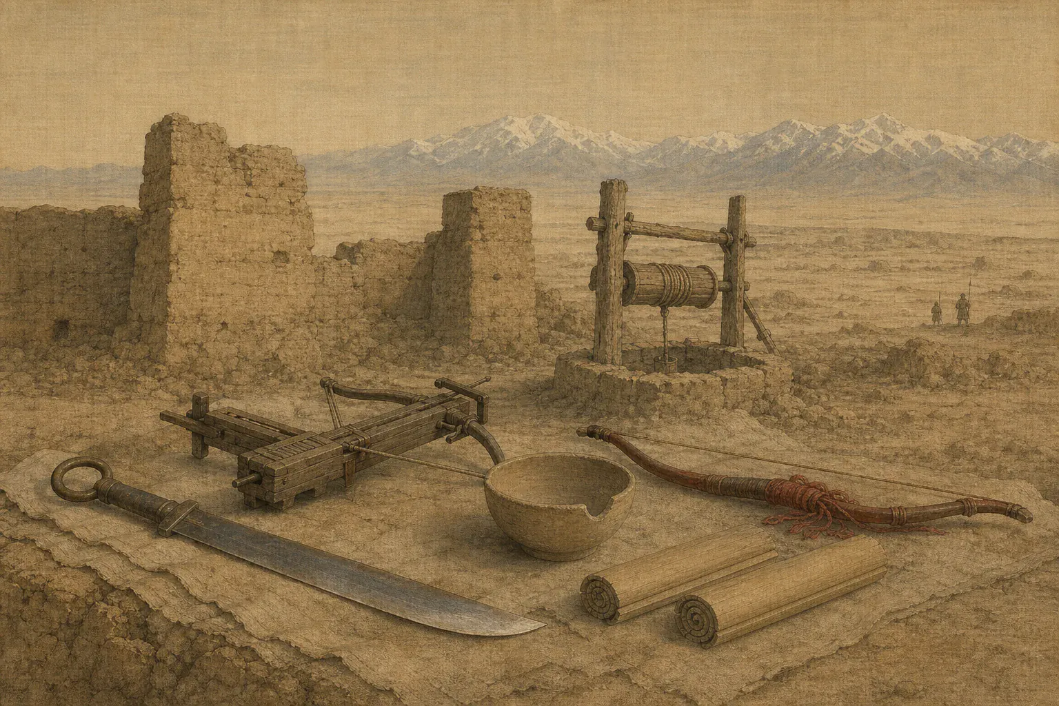 耿恭时代遗址、代表性兵器与无字史料器物在本篇核心地貌前分层陈列。
