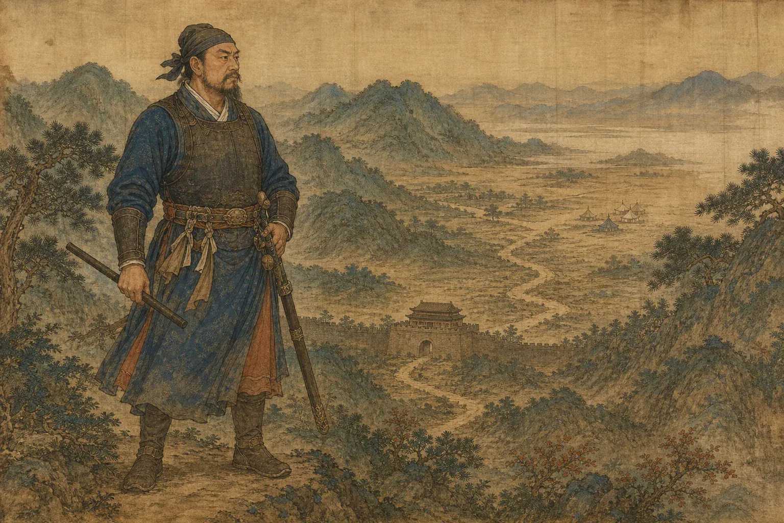 李定国携代表性器物立于本篇核心地貌，远景串联其经历的重要道路、城关与战场。