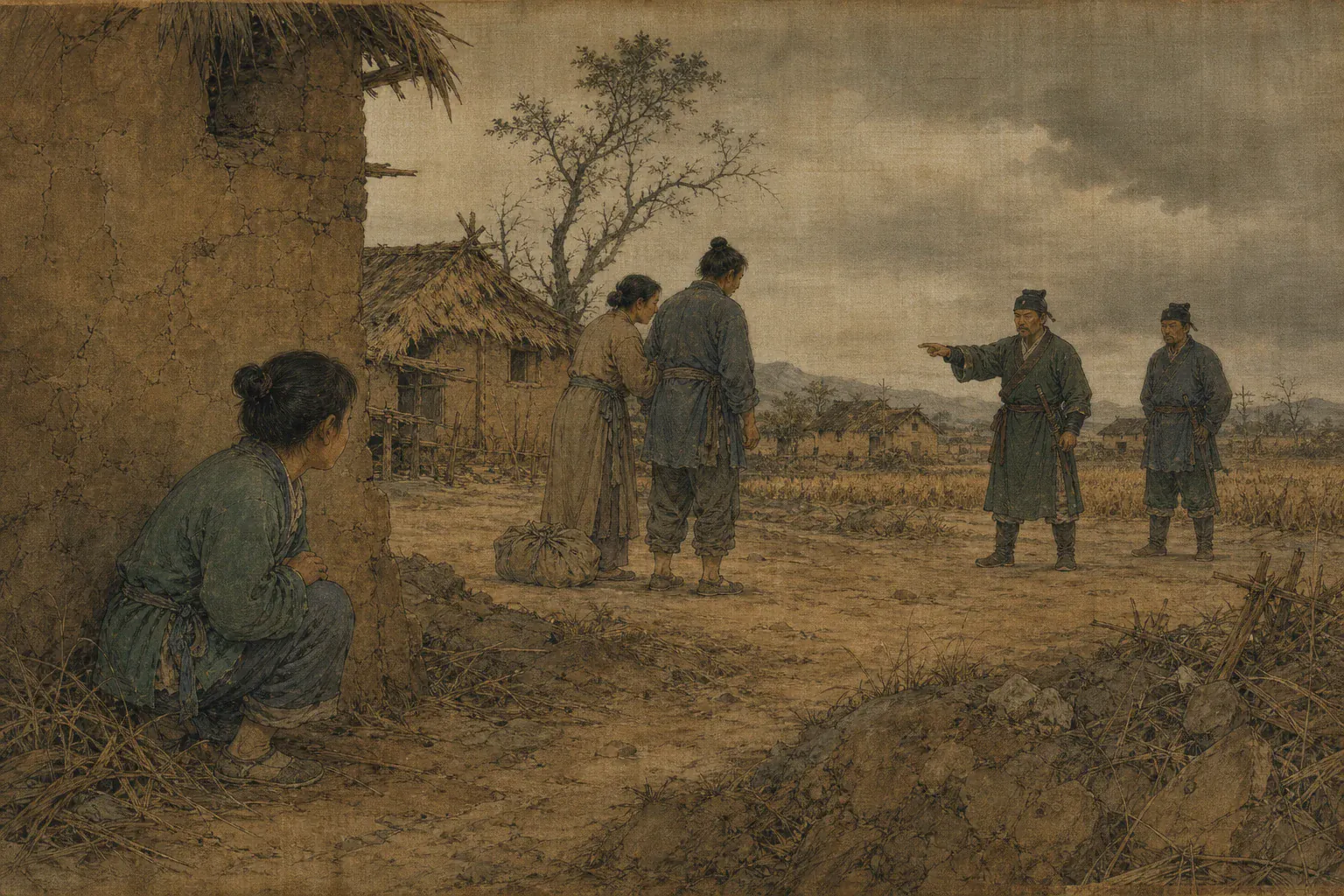 十岁李定国蹲在墙角，看见乡亲遭到差役驱赶，父母因饥荒相互扶持。