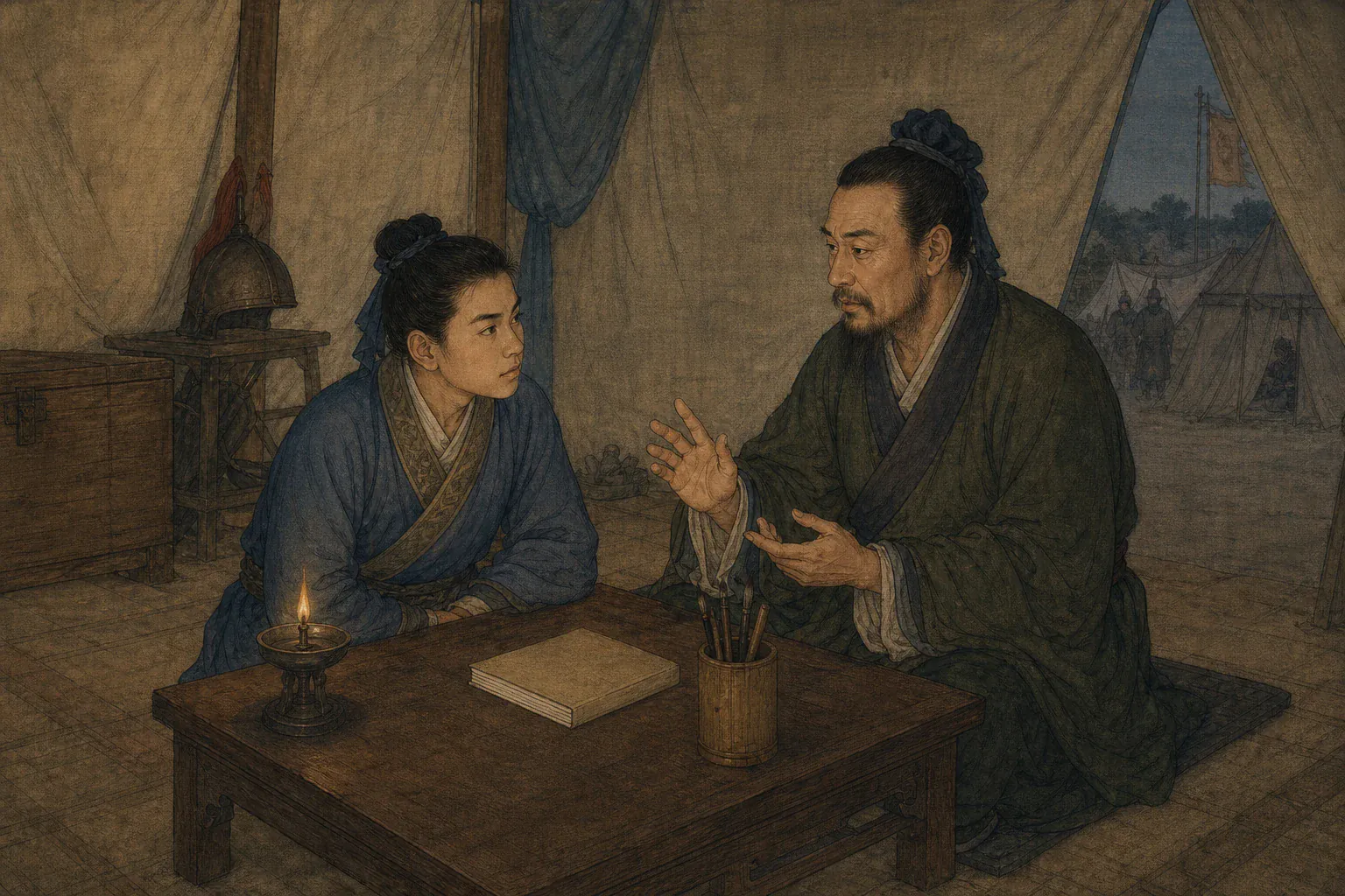 李定国坐在军帐矮案前听先生讲解，手边晚明纸本书册合起，素面纸页背向观者。