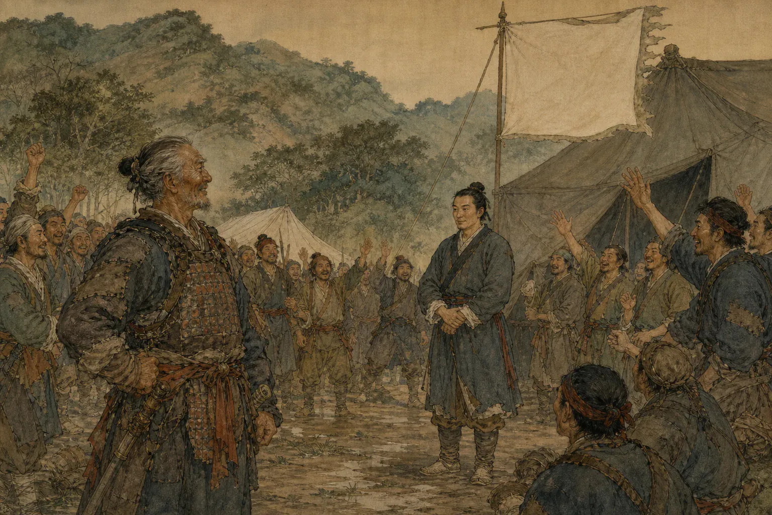 老兵阿贵望着受封后的李定国，营中将士在无字军旗下欢呼。